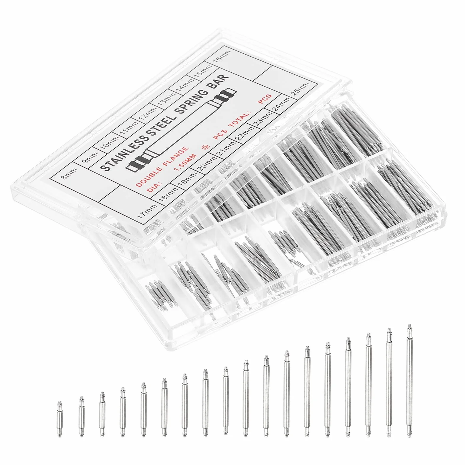 QUARKZMAN Zestaw kołków sprężynowych zegarów, 360 sztuk 1,5 x 8 25 mm, szpilki łączące paski ze stali nierdzewnej, narzędzie do naprawy prętów sprężynowych zegara metalowego łańcucha, srebrny