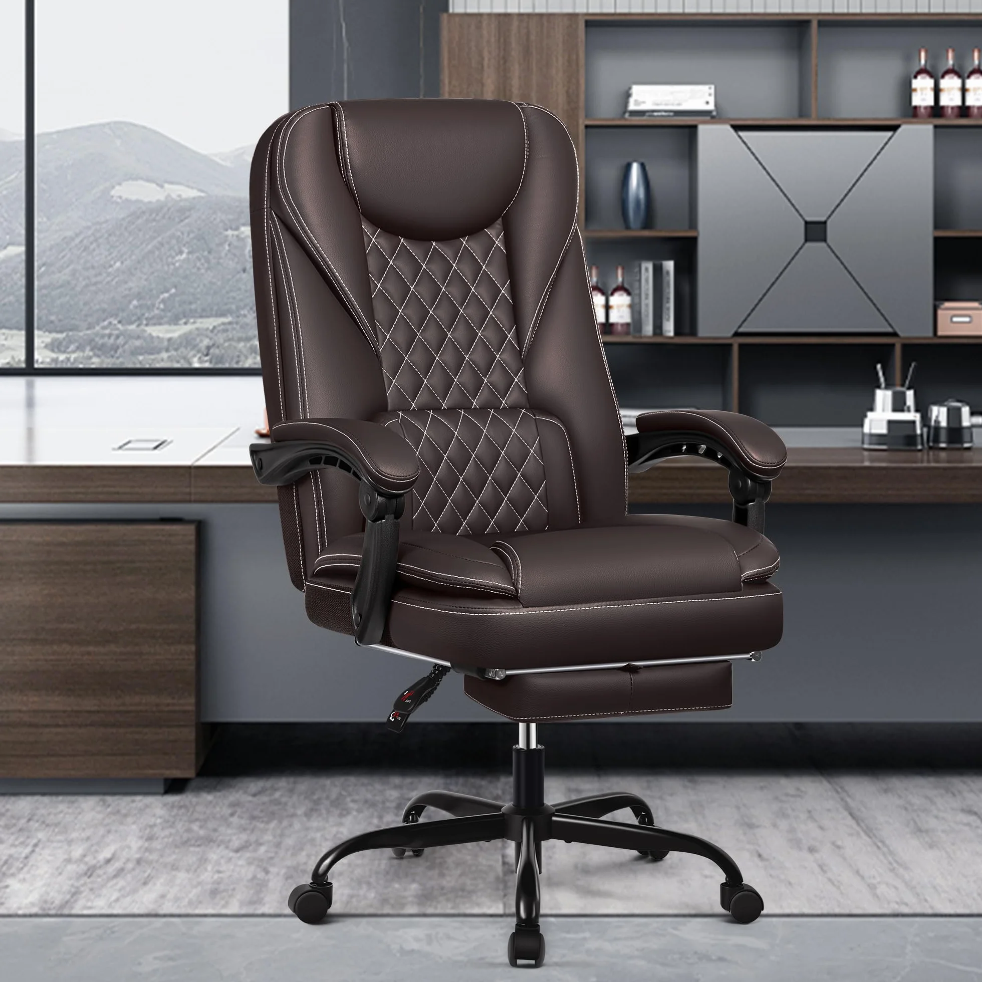 Ergonomiczne krzesło biurowe 140° z podnóżkiem, zagłówkiem, funkcja przechylania, krzesło obrotowe, fotel szefa, sztuczna skóra, 150 kg, kolor kawowy