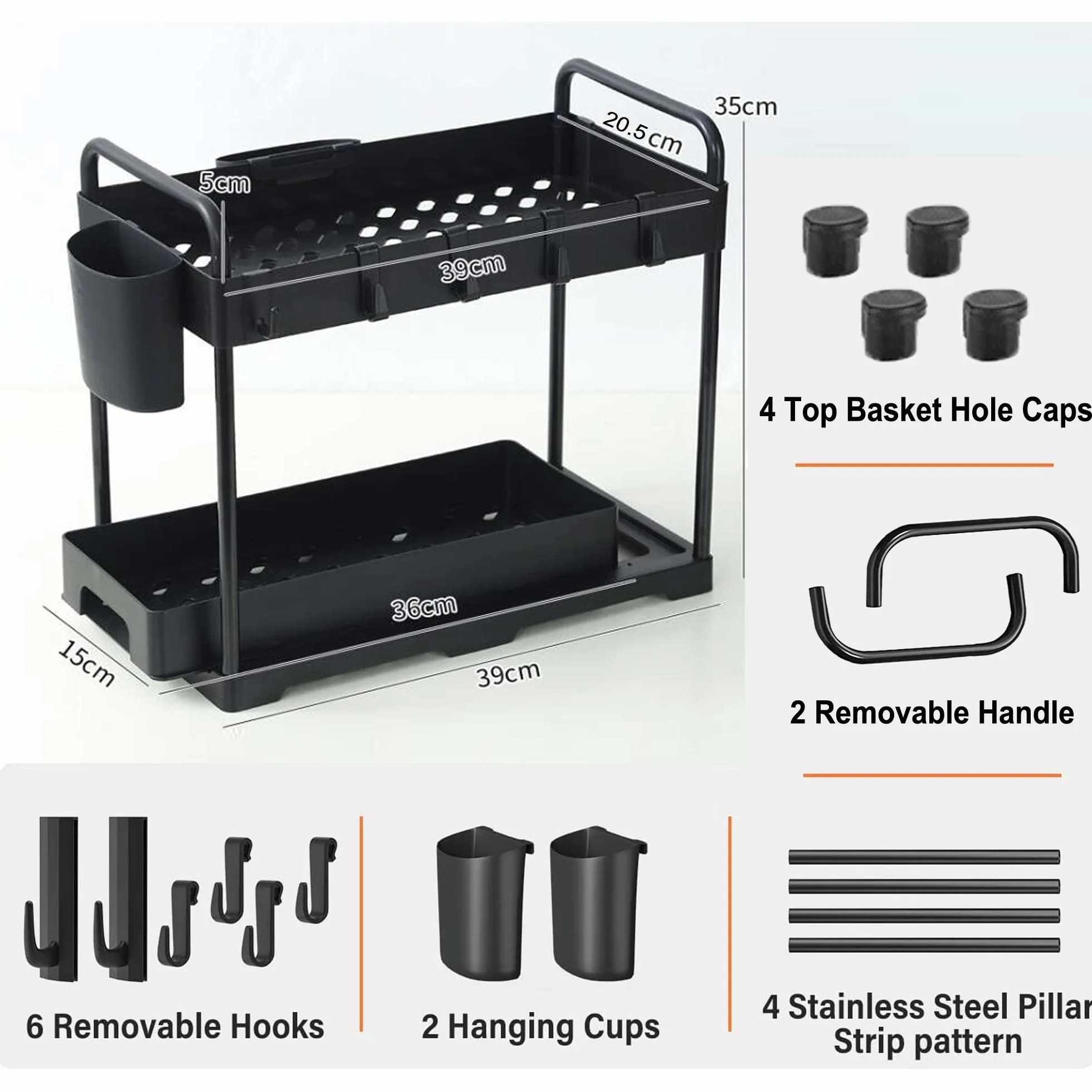 CompraFun Organizer pod zlewem 2 poziomy, przesuwany organizer pod zlew kuchenny z 4 haczykami i 2 wiszącym koszem, wyjmowana półka do przechowywania pod zlewem kuchnia, łazienka