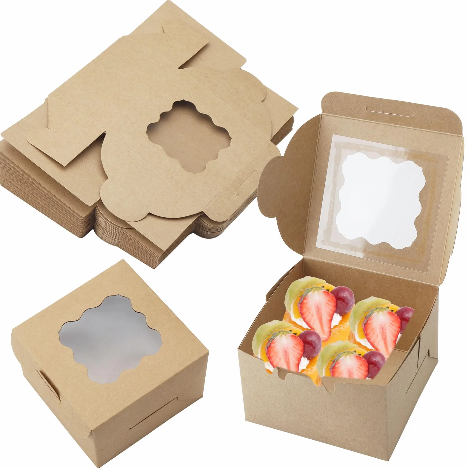 HENGBIRD 25 sztuk Brązowe pudełko papierowe Kraft z przezroczystym okienkiem 10,16 x 10,16 x 6,35 cm