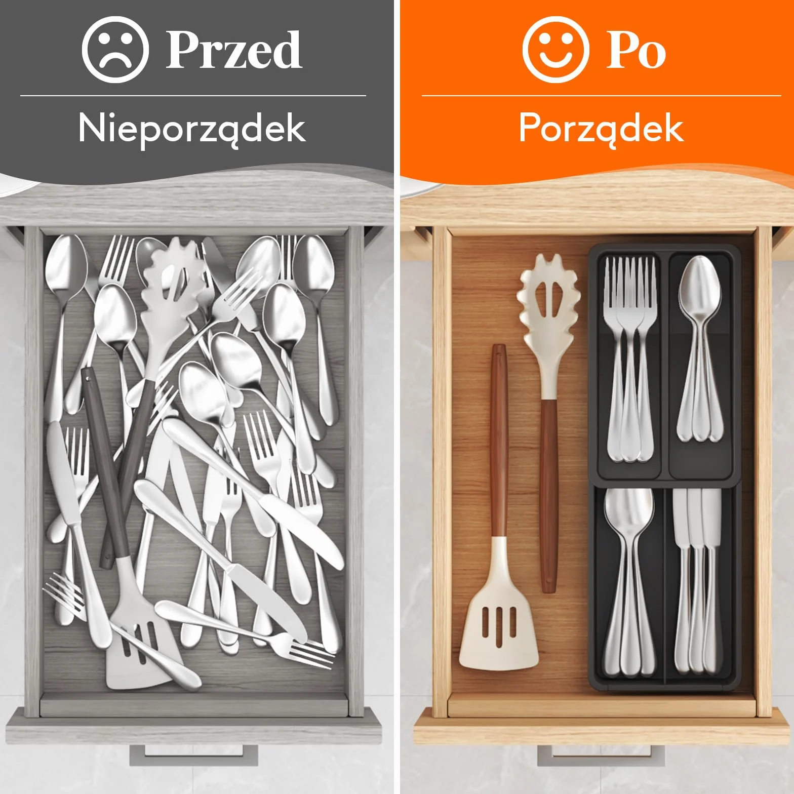 Lifewit 2 szt. kompaktowy pojemnik na sztućce, 42 x 14,5 x 6 cm, szuflada z 4 półkami i koszem na sztućce, kolor czarny