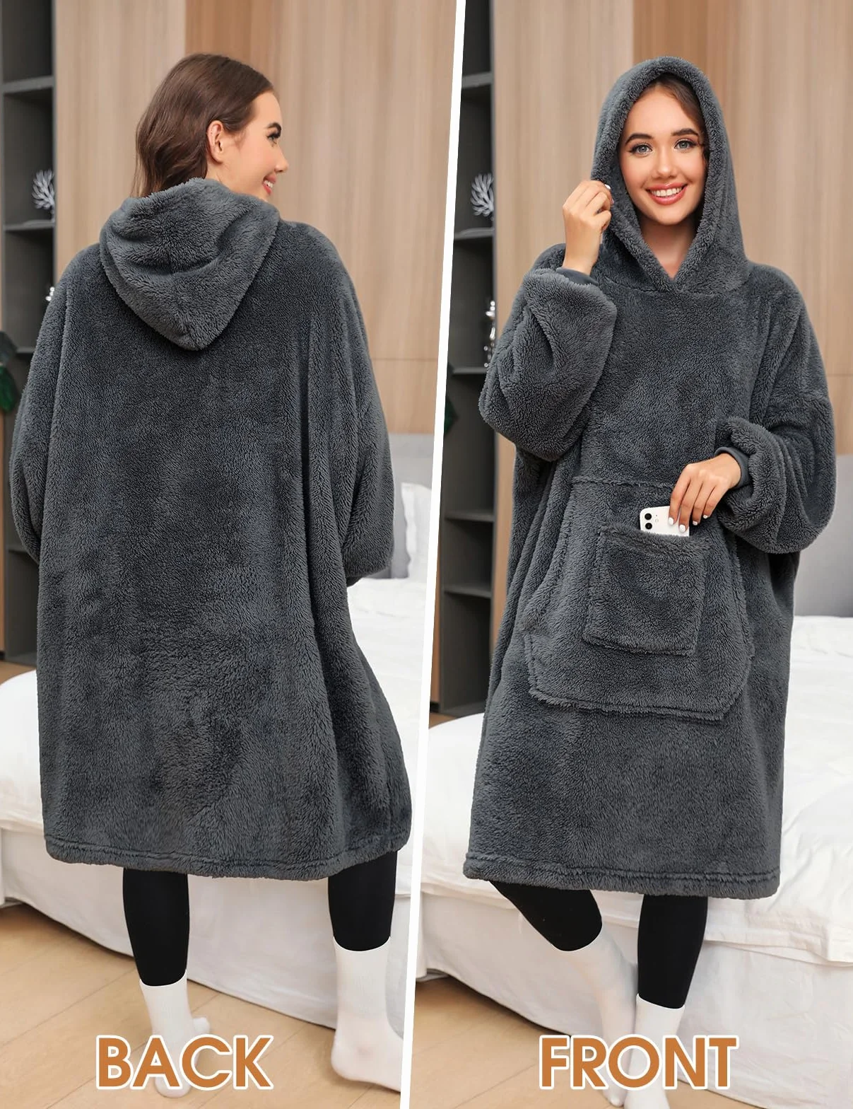 Tuopuda Damska bluza z kapturem, zimowa sukienka sweter, ciepła tkanina polarowa, bluza z kieszenią, szlafrok z długim rękawem, prezent na Boże Narodzenie