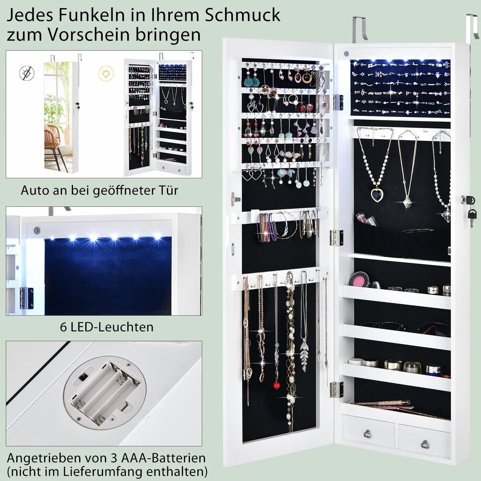 COSTWAY Lustrzana szafka na biżuterię z 6 lampkami LED i 2 szufladami, wisząca na ścianę/drzwi, zamykana na klucz (biała)