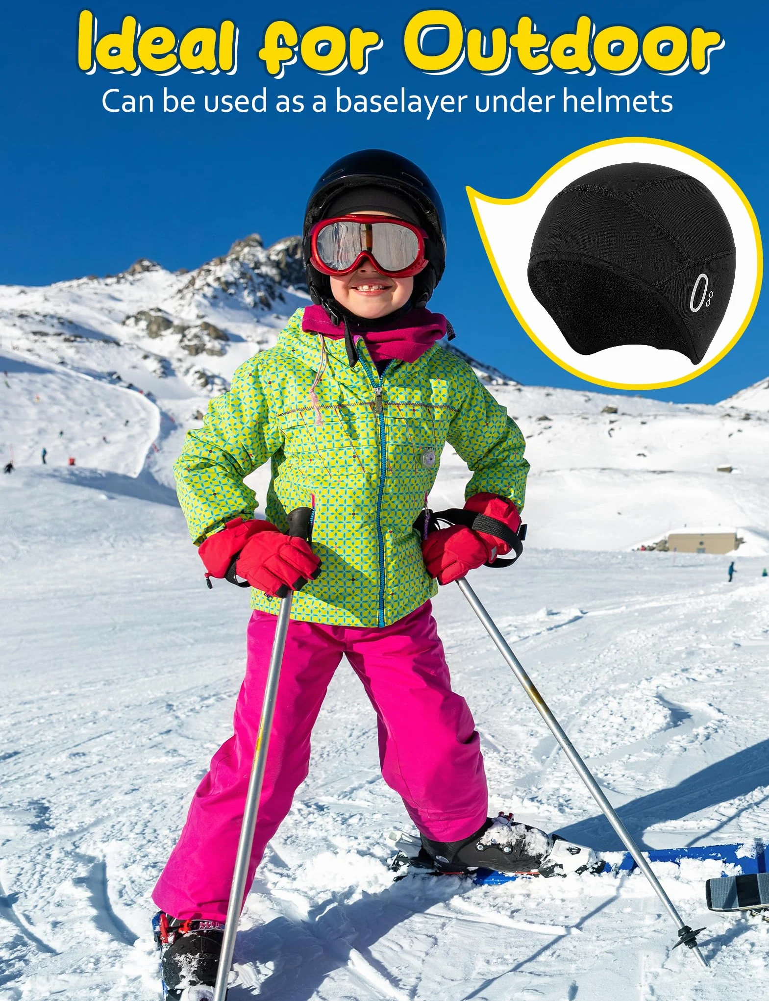 Becellen Czapka na kask dla dzieci, zimowa czapka termiczna na rower, jeden wzór z otworem na okulary, ciepła, wiatroszczelna, czapka sportowa, uniseks, czarna czapka pod kask rowerowy, dla chłopców i