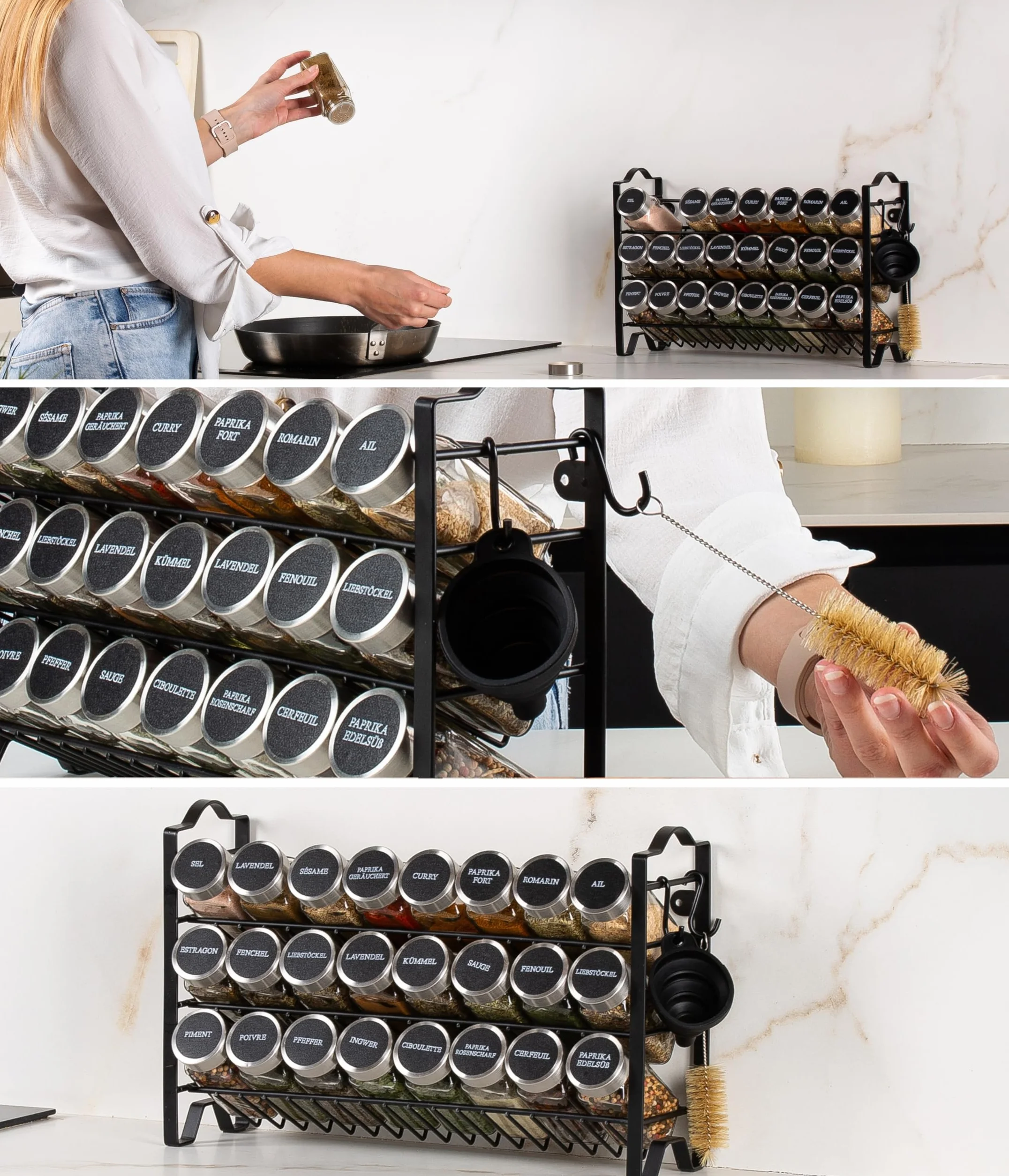 Deco haus Stojak na Przyprawy 3-poziomowy Metalowy Organizer Kuchenny 24 Słoiczki Czarny
