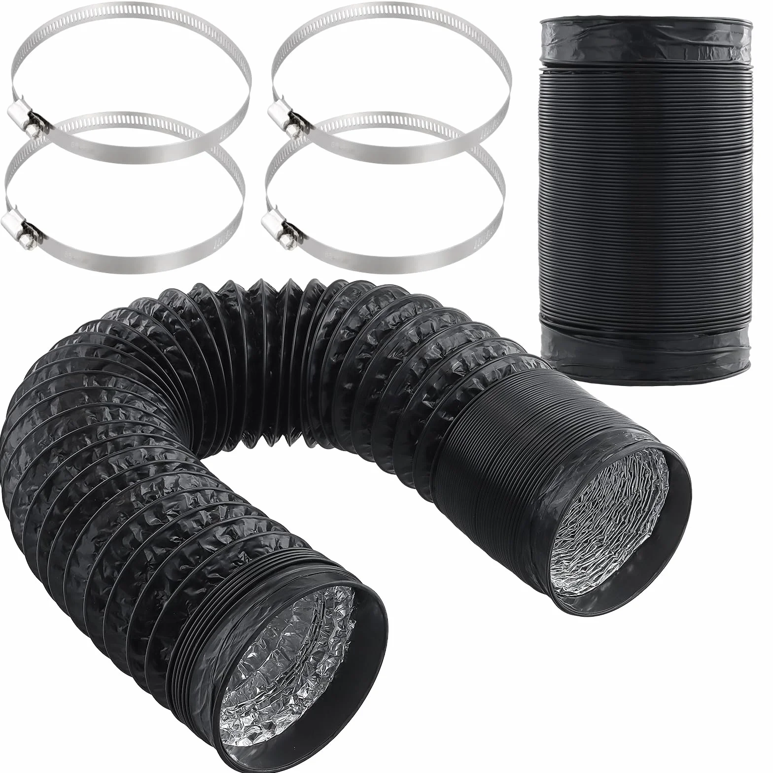 Rura wylotowa PCW 2 m x 100 mm, czarna, aluminiowa, elastyczna z 4 obejmami, wąż wentylacyjny Aluflex