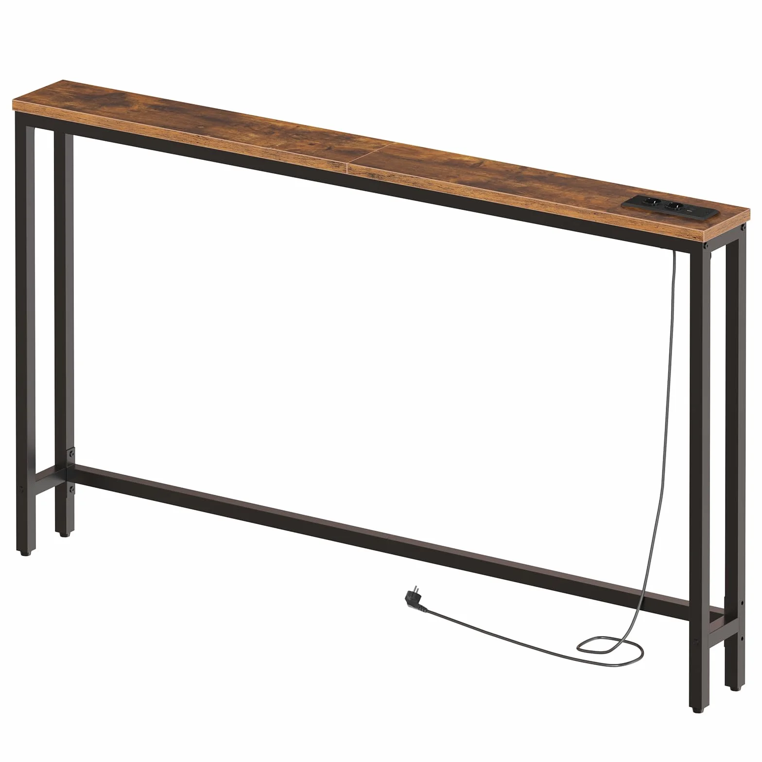 HOOBRO Wąski stolik konsolowy 140 cm z stacją ładującą, metalowa rama, brązowy vintage