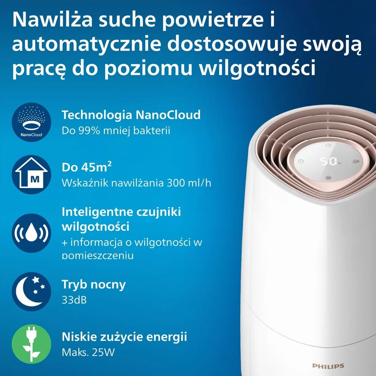 Philips Nawilżacz Ewaporacyjny Serii 3000 45 m² NanoCloud 300 ml/h 33 dB 3L biały HU3916/10