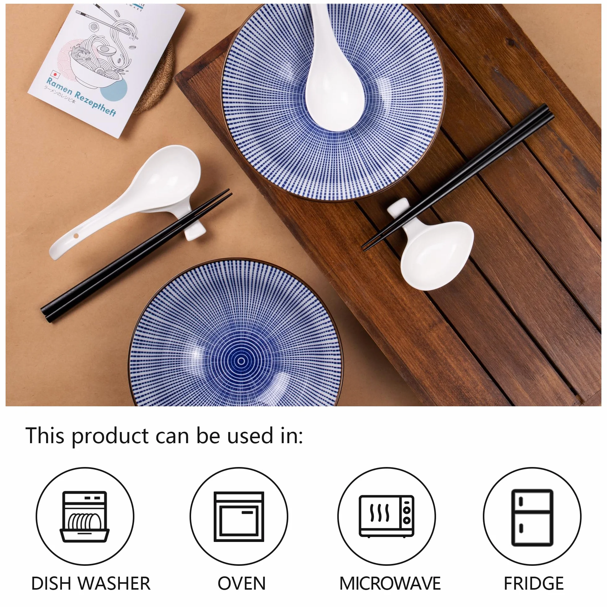 Urban Lifestyle Zestaw Misek do Ramen dla 2 Osób TOKUSA Azjatycka Zastawa z Porcelany Ø 20,5 cm 1000 ml z Łyżkami do Ramen, Miseczkami na Sos i Pałeczkami, Styl Japoński