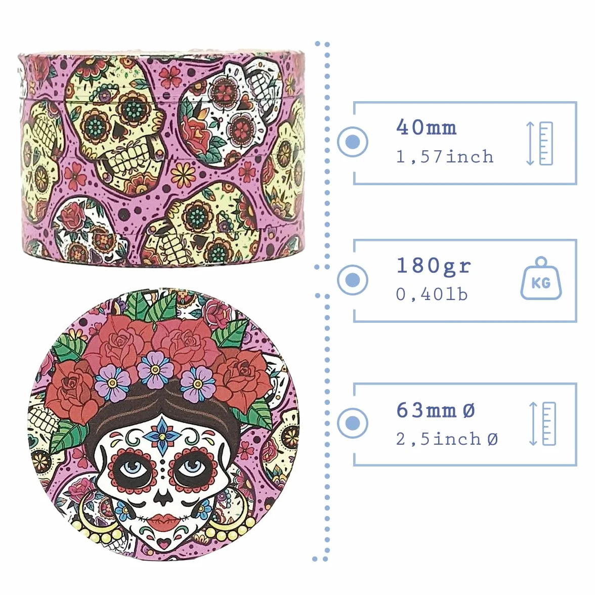 ALLOY KRAFT Metalowy młynek XL 63 mm Ultra ostre ostrza premium 360° Różowy 4 szt. Skrobaczka pyłkowa do przypraw i ziół Meksykańska czaszka