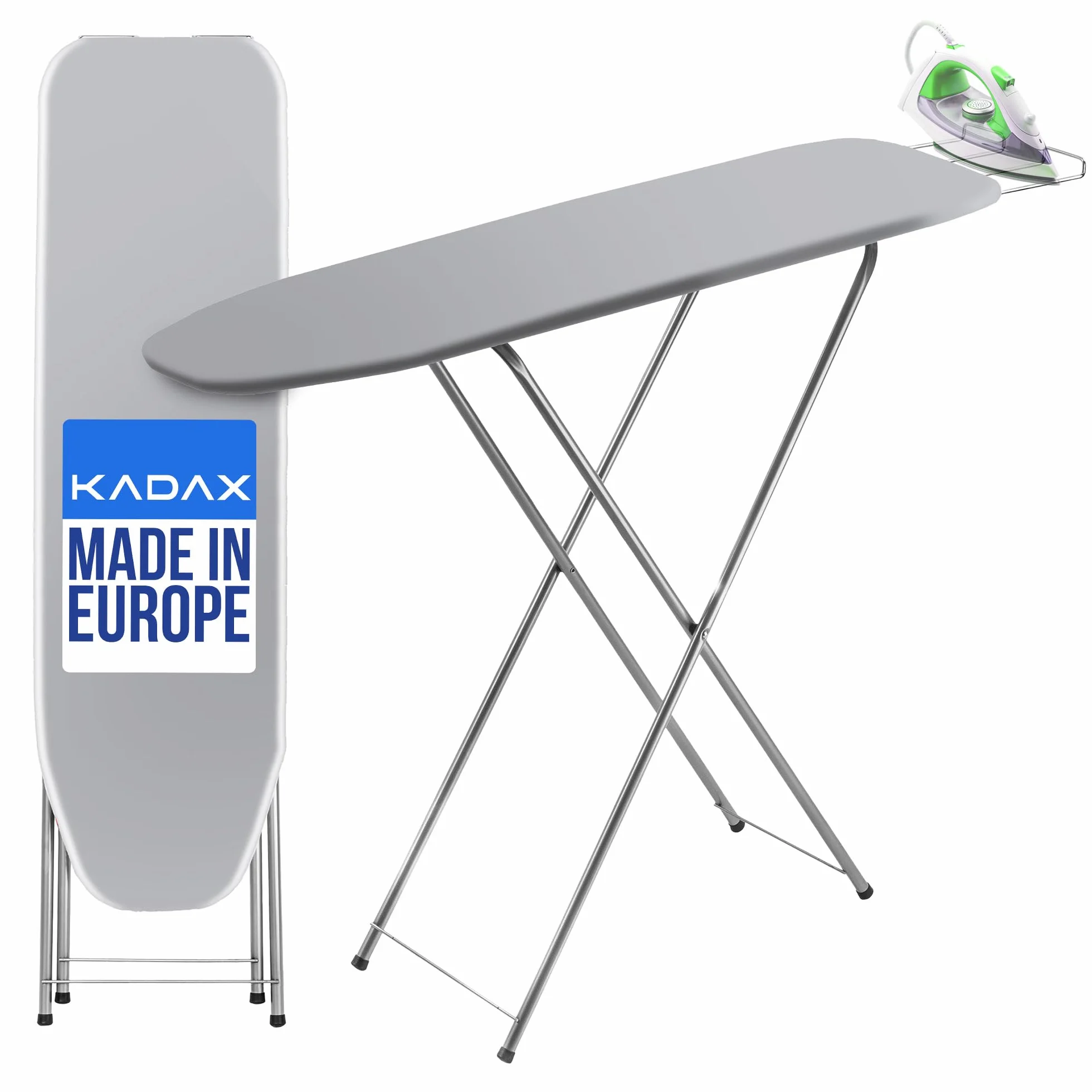 KADAX Deska do prasowania 104 x 30 cm do stacji parowej z wysuwaną podstawką na żelazko i piankową podkładką, oszczędza miejsce po złożeniu, stabilna konstrukcja, szara