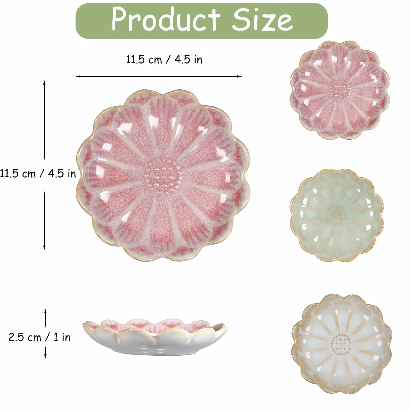 3 Sztuki Ceramicznych Tacek na Biżuterię, Dekoracyjne Naczynka na Drobiazgi, Miseczki w Kształcie Kwiatów na Pierścionki, Naczynia na Biżuterię na Naszyjniki (Różowy + Zielony + Biały)