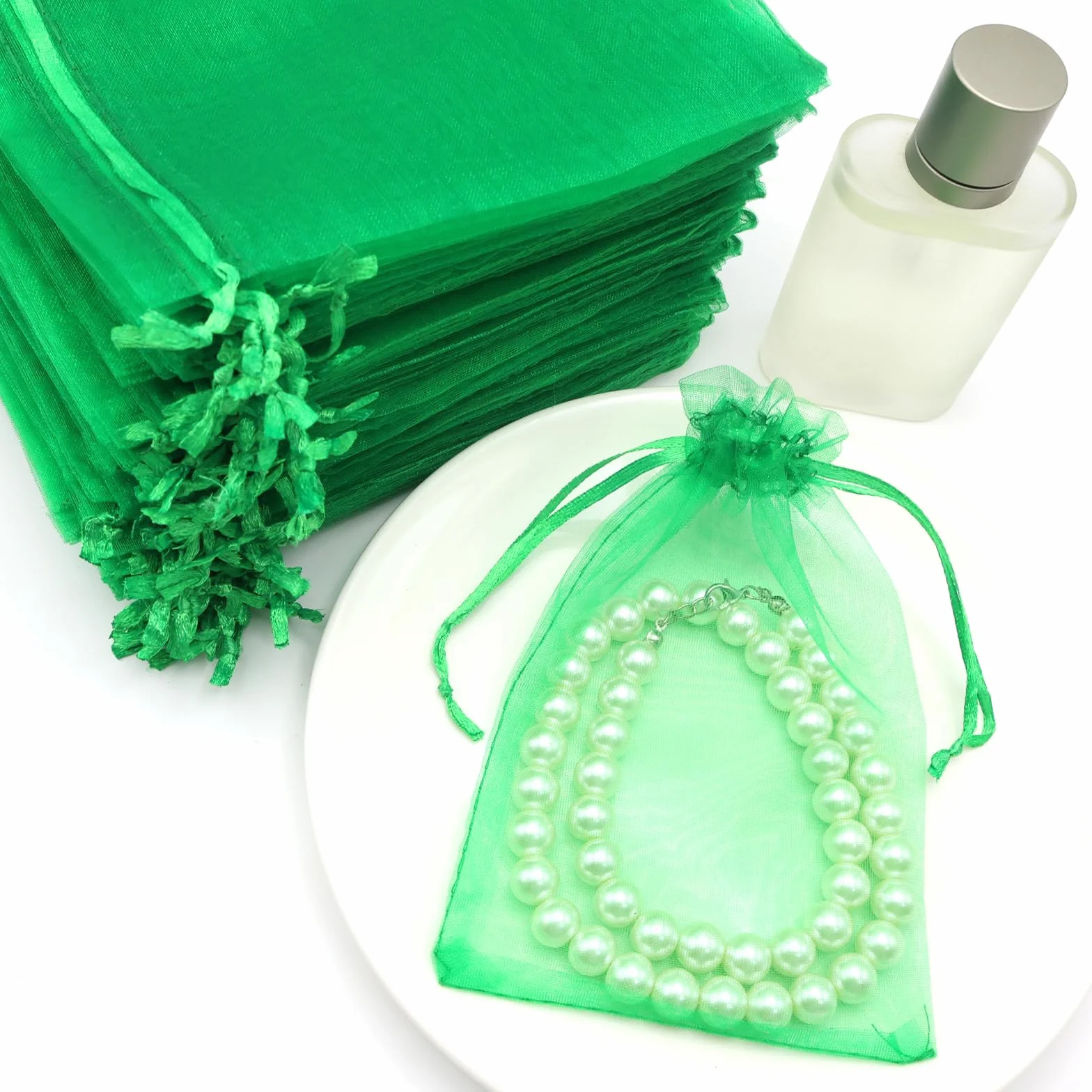 100 szt., 10 x 15 cm, ciemnozielone torebki z organzy, prezent, biżuteria, cukierki i upominki ślubne, ze sznurkiem, na ślub, urodziny, Boże Narodzenie, rocznicę
