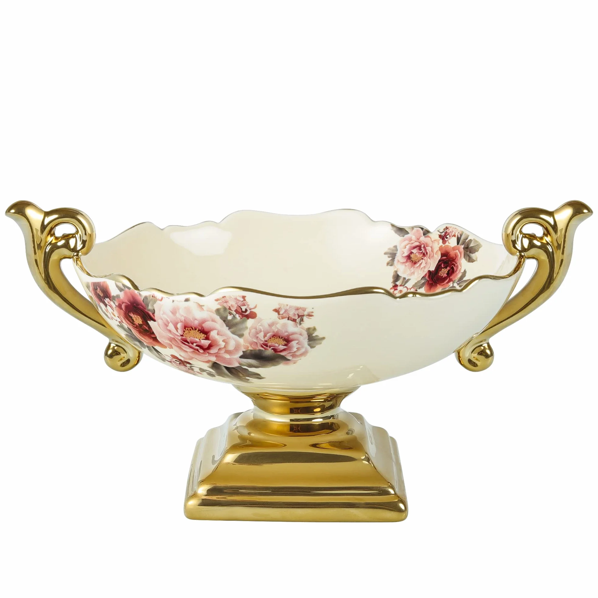 fanquare Dekorowane kwiatami porcelanowa miska z uchwytem, vintage salaterka, ceramiczna miska na owoce na nóżce na imprezy