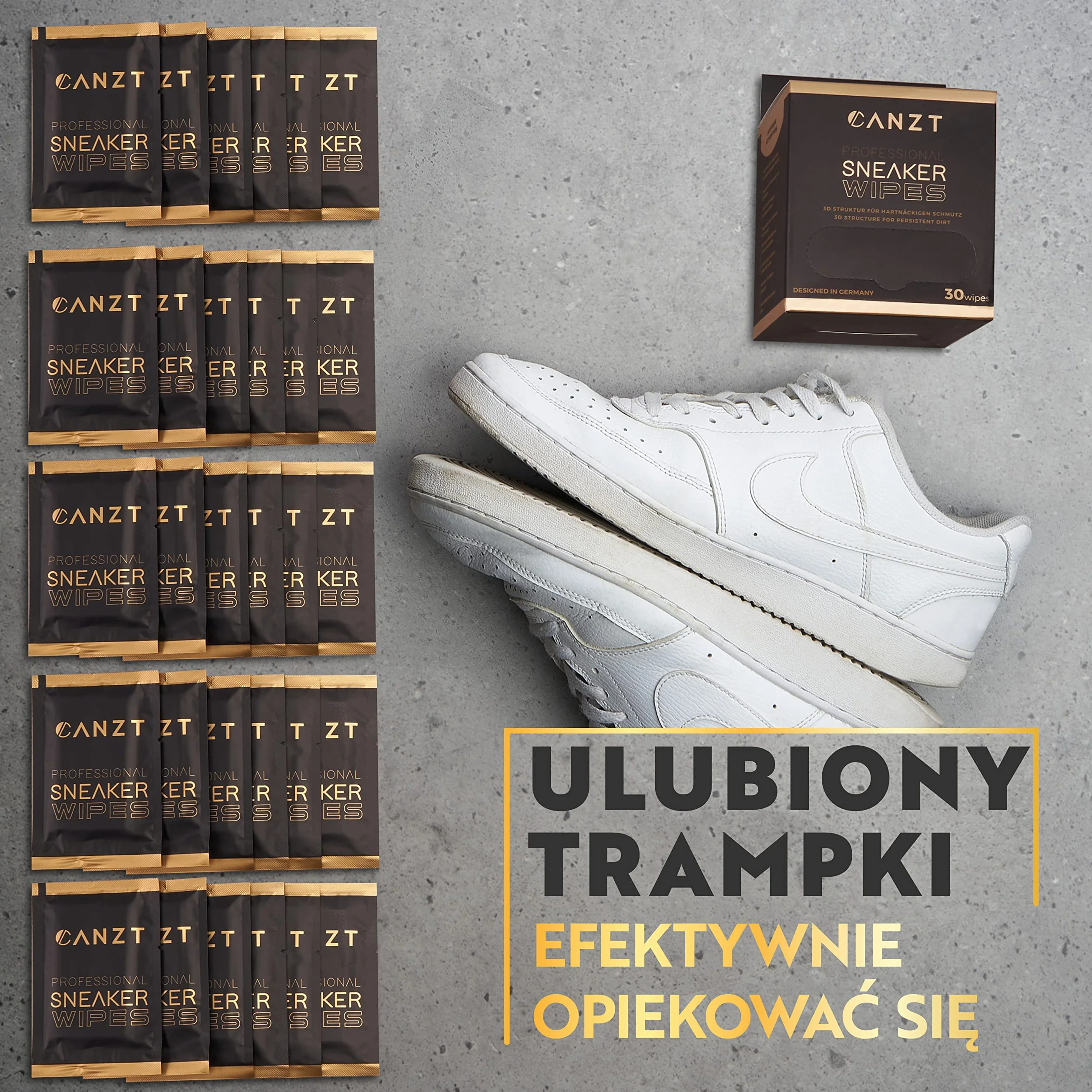 Canzt Sneaker Wipes – Chusteczki do czyszczenia butów i sneakersów – 30 szt. do skóry, zamszu, nubuku, tkanin – idealne do białych butów