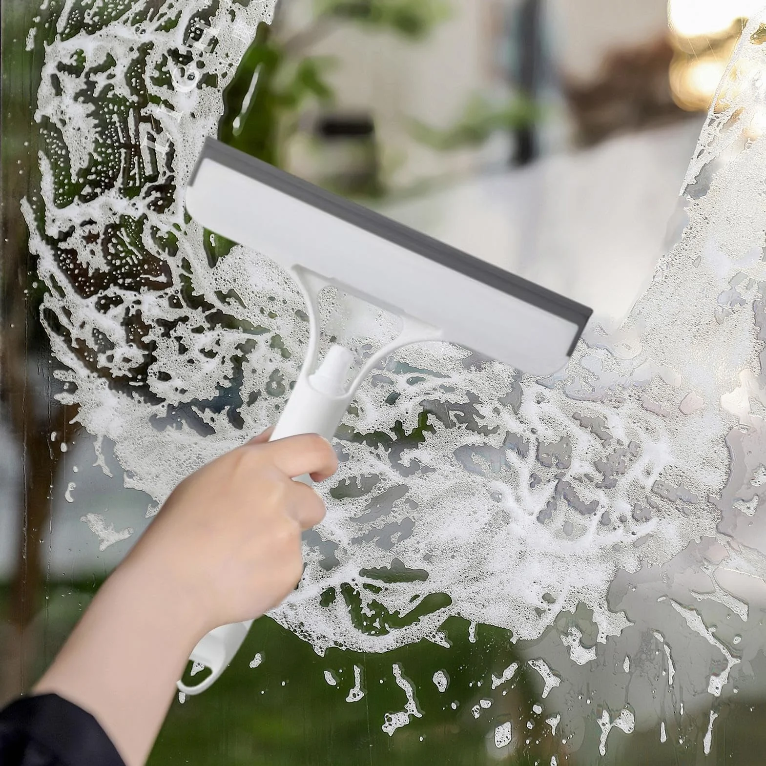 Window Squeegee with Built-in Spray Function, 8.46x10.12x1.18 inches, Glass Cleaner, Compact Handheld Tool for Home Bathroom