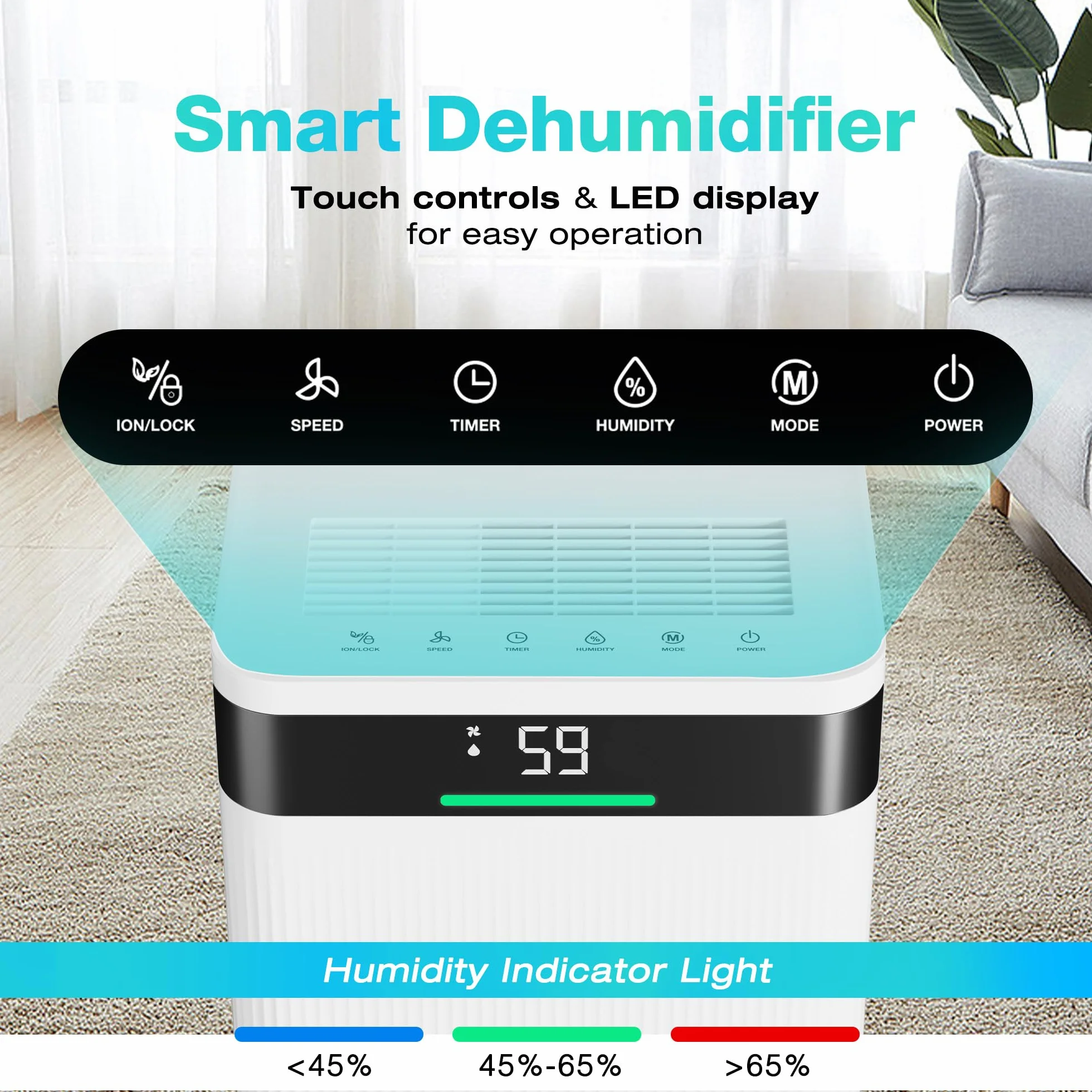 HAUSHOF Elektryczny osuszacz powietrza 20 l/dzień, 41 dB, cichy osuszacz powietrza z jonami ujemnymi, do pomieszczenia 30 m², zbiornik 4,5 l i wskaźnik LED, 3 tryby pracy, przenośny osuszacz do