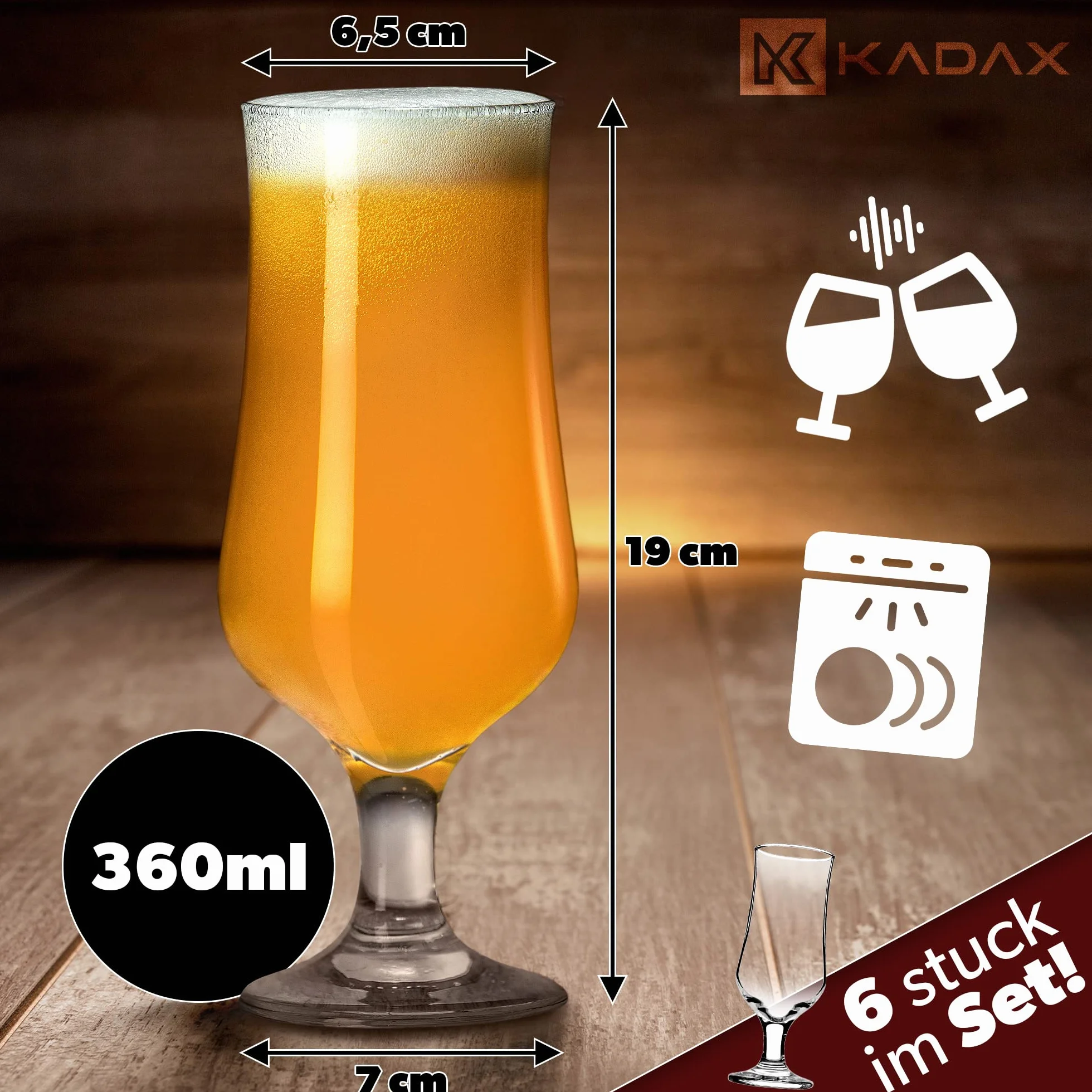 KADAX Zestaw 6 szt. Kufli 360 ml szklane na nóżce do wody soków koktajli