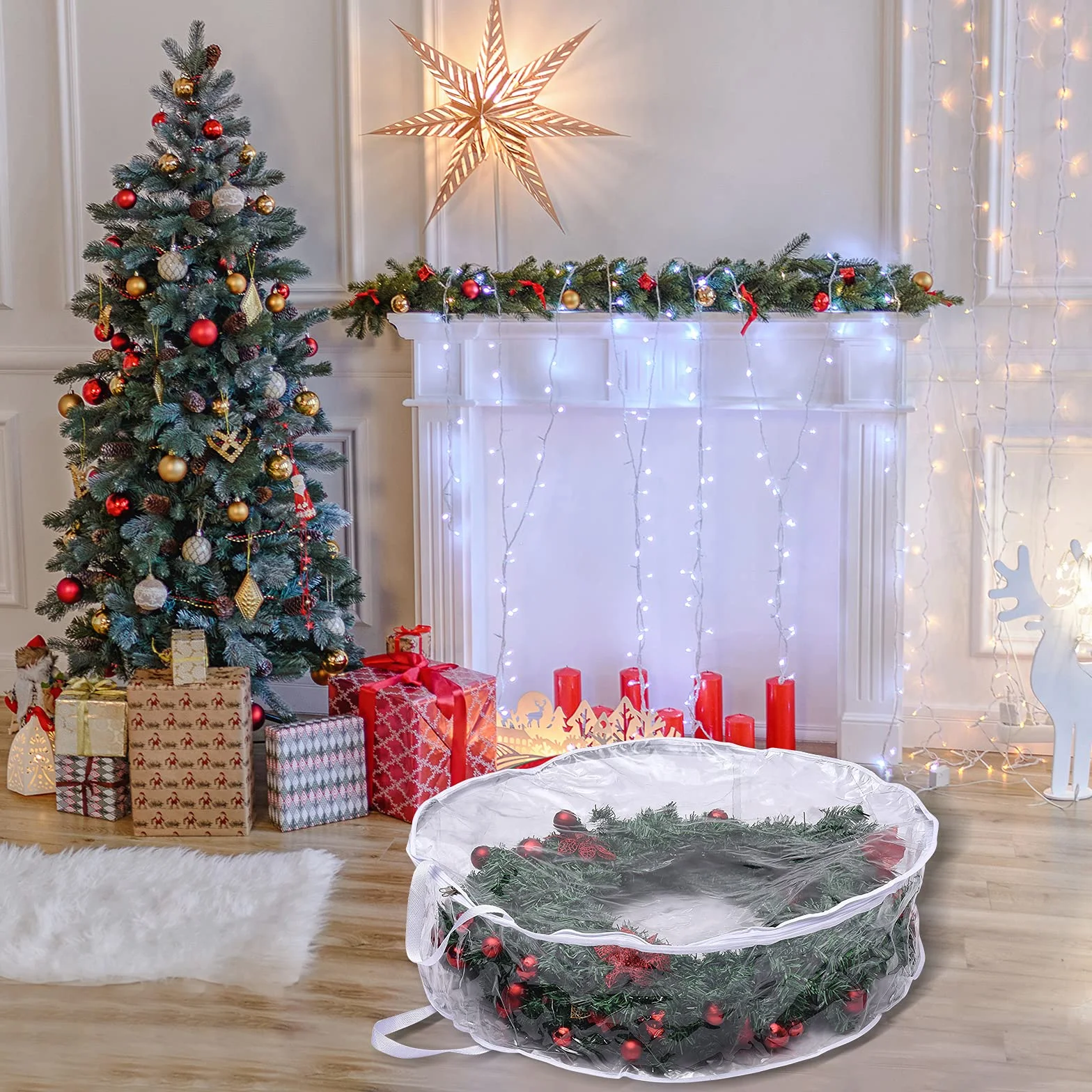 Pojemnik do przechowywania wieńca bożonarodzeniowego, 80 cm, przezroczysta torba do przechowywania wieńca, z podwójnymi zamkami błyskawicznymi i solidnymi uchwytami na świąteczne wieńce świąteczne