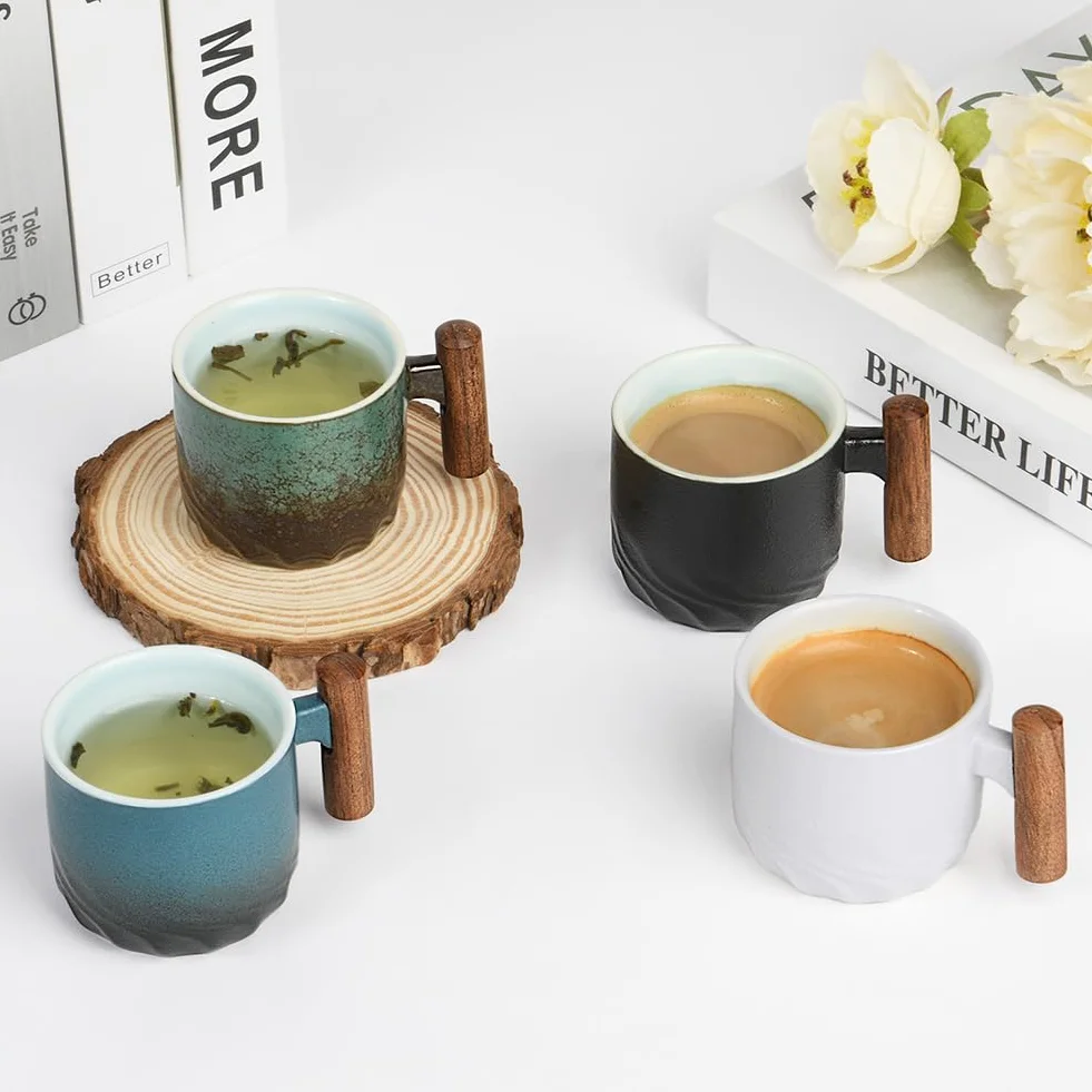 Vicloon Kubek do espresso 70 ml ceramiczny z drewnianą uchwytem retro ręcznie szkliwiony