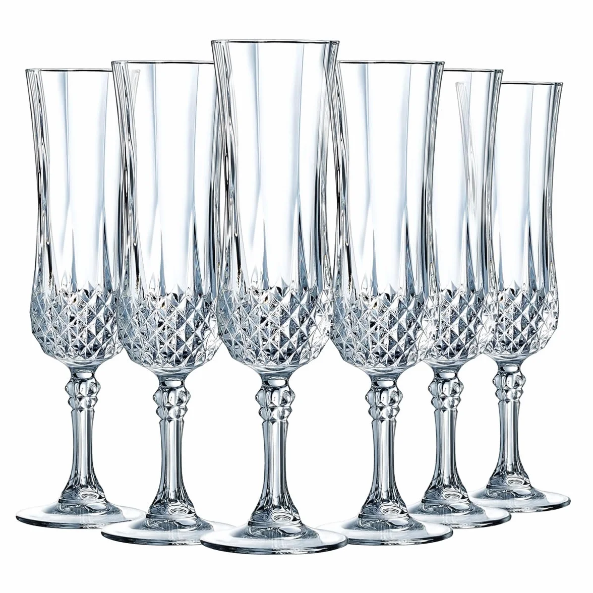 Cristal d'Arques Paris - Kolekcja Longchamp - 6 fletów do szampana 14cl w Kwarx - Błyszczący, przezroczystość i wysoka wytrzymałość - Ikoniczne listwy - Wyprodukowano we Francji