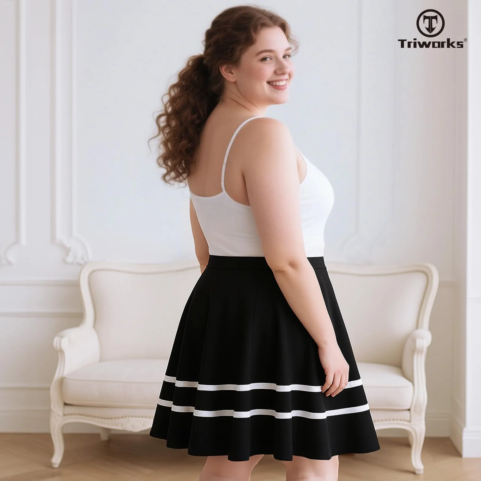 TRIWORKS Elegancka spódnica ze spodniami, spódniczka z wysoką talią, damska spódnica, o linii A, mini spódnica, duże rozmiary