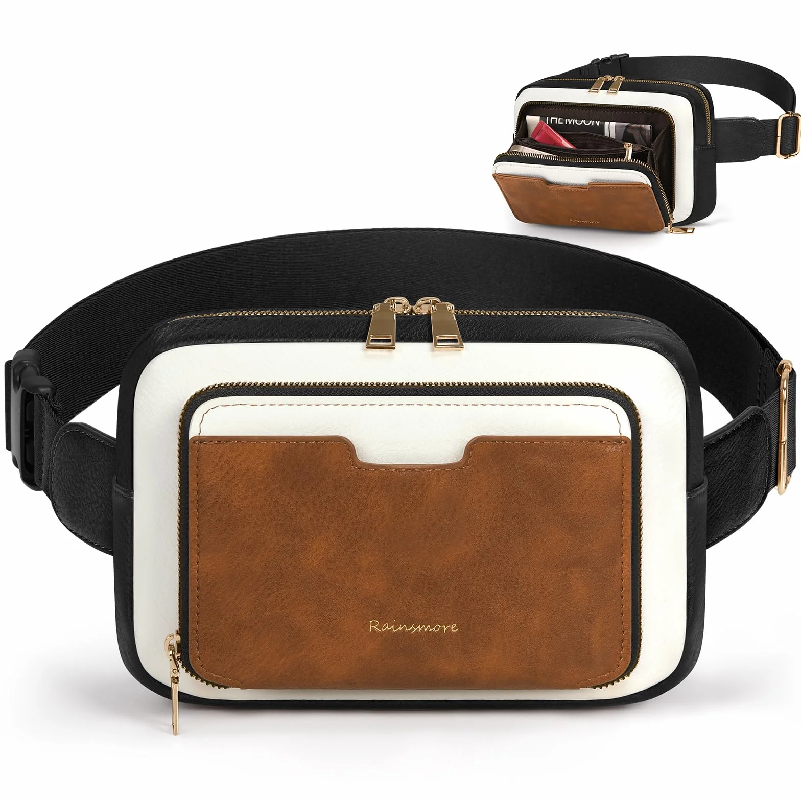 RAINSMORE Fanny Pack dla kobiet, skórzany pasek torba wodoodporna, Czarny Brązowy Biały, Kobiety