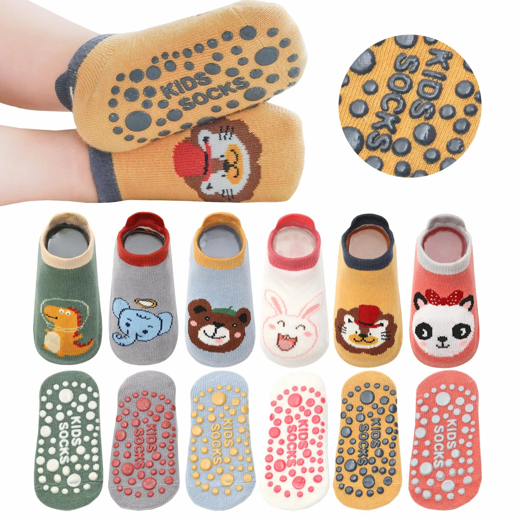Baby Anti-Slip Ankle Skarpety Cute Cartoon Grips Skarpety Dla Niemowląt Maluch Chłopcy Dziewczyny 5/6 Para (A2-dinosaur(6 pair),1-3 Years)