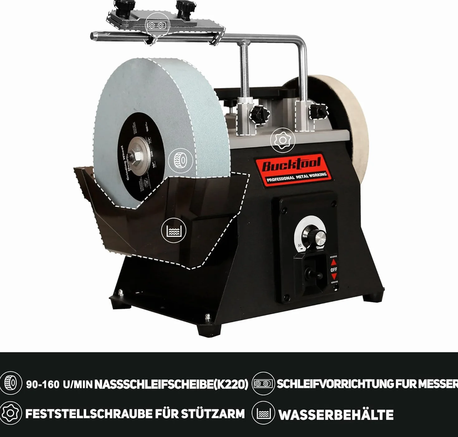 BUCKTOOL SCM8103 szlifierka na mokro 250 mm, ostrzałka do noży zmienna prędkość 90/150 W, 220 mm z tarczą ściągającą 200 mm