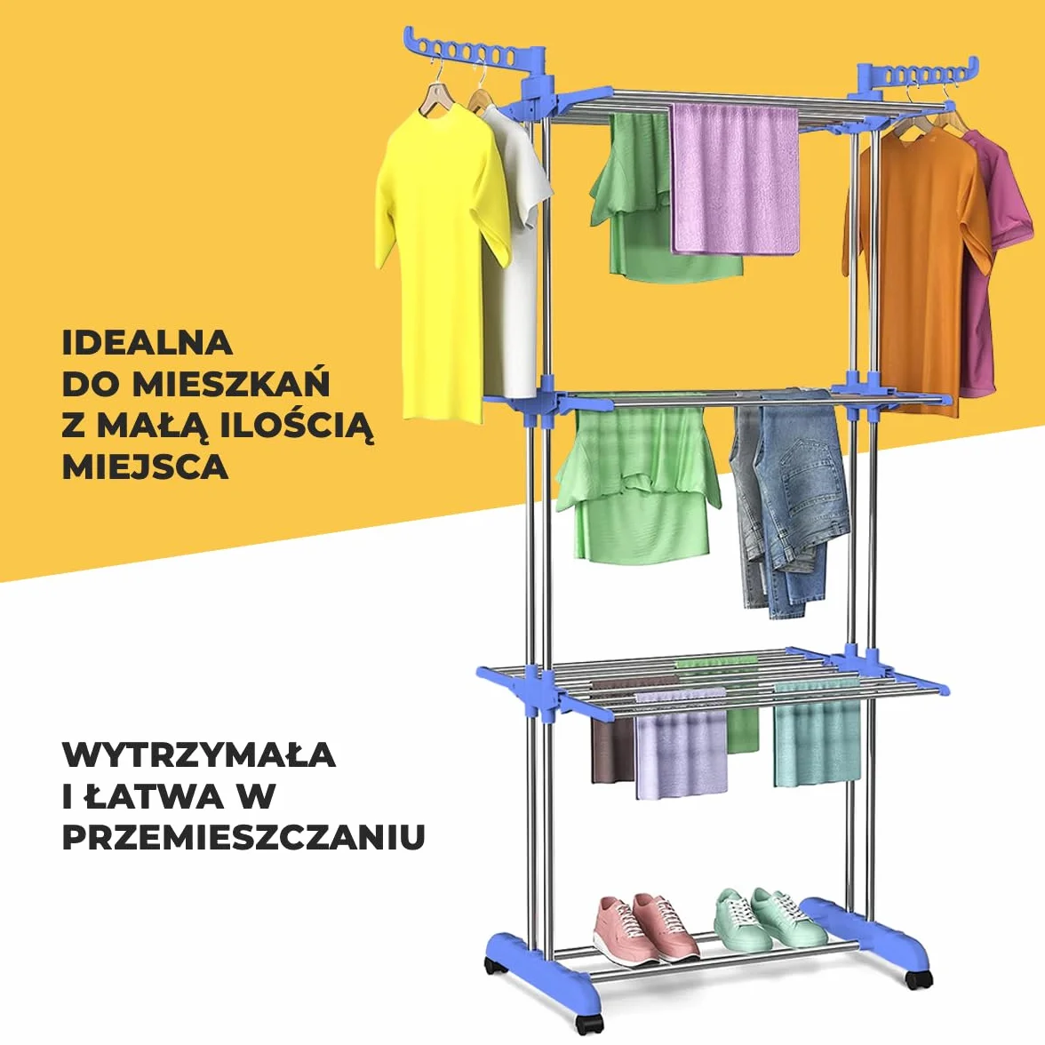 XXL składana stojąca suszarka na pranie – 3-stopniowa suszarka na pranie z rolkami, do użytku wewnątrz i na zewnątrz, oszczędność miejsca, pojemność 40 kg, w zestawie 20 spinaczy do
