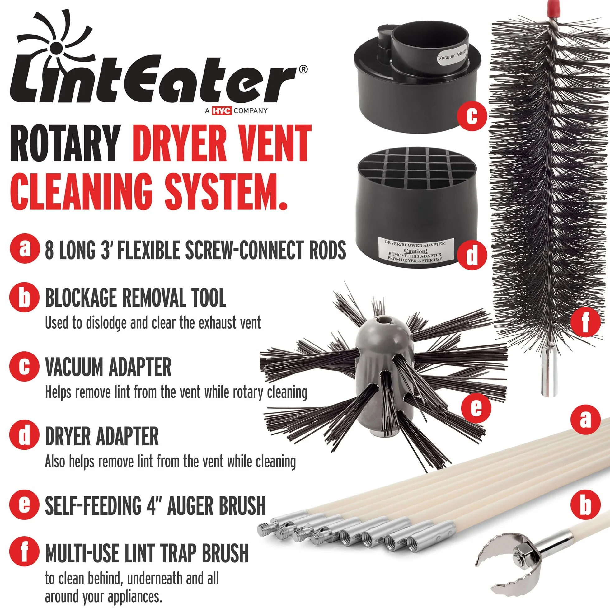 Gardus RLE24 LintEater Rotary Dryer Vent Cleaner Kit, 24' Flexible Rods, Air Duct Cleaning Tools