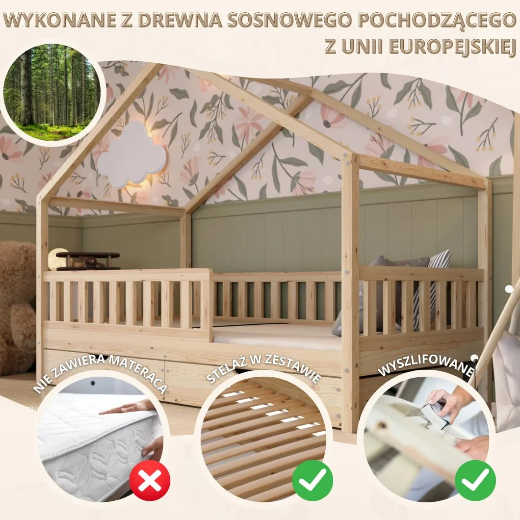 Łóżko domek z szufladami Crazy House 200 x 120 cm – Łóżko dziecięce z naturalnego drewna z odkręcaną barierką – Łóżko Montessori