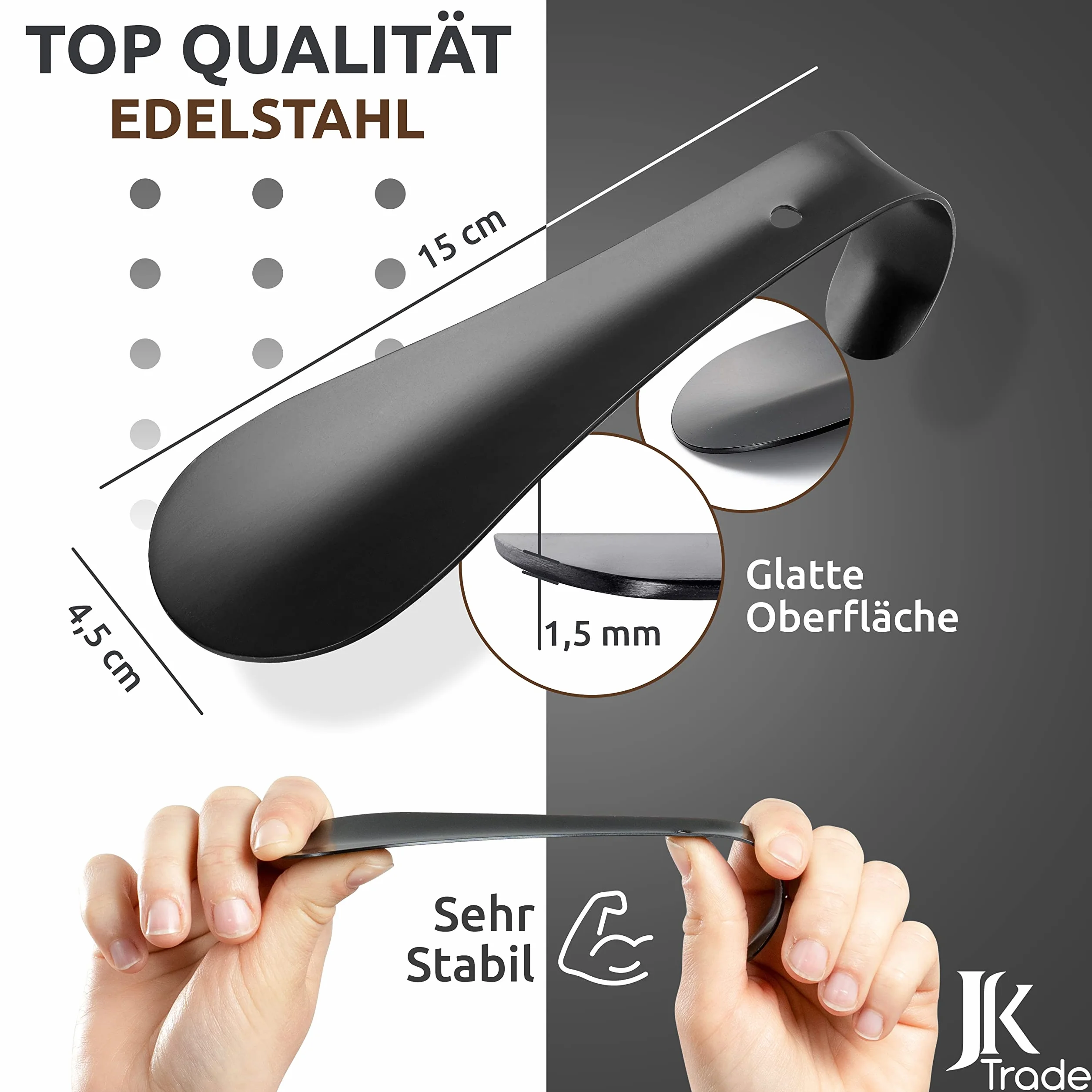 JK Trade® Łyżka do butów ze stali nierdzewnej, 15 cm, polerowana metalowa łyżka do butów, 1,5 mm, do podróży, zoptymalizowana długość i szerokość, biznesowa, możliwość zawieszenia