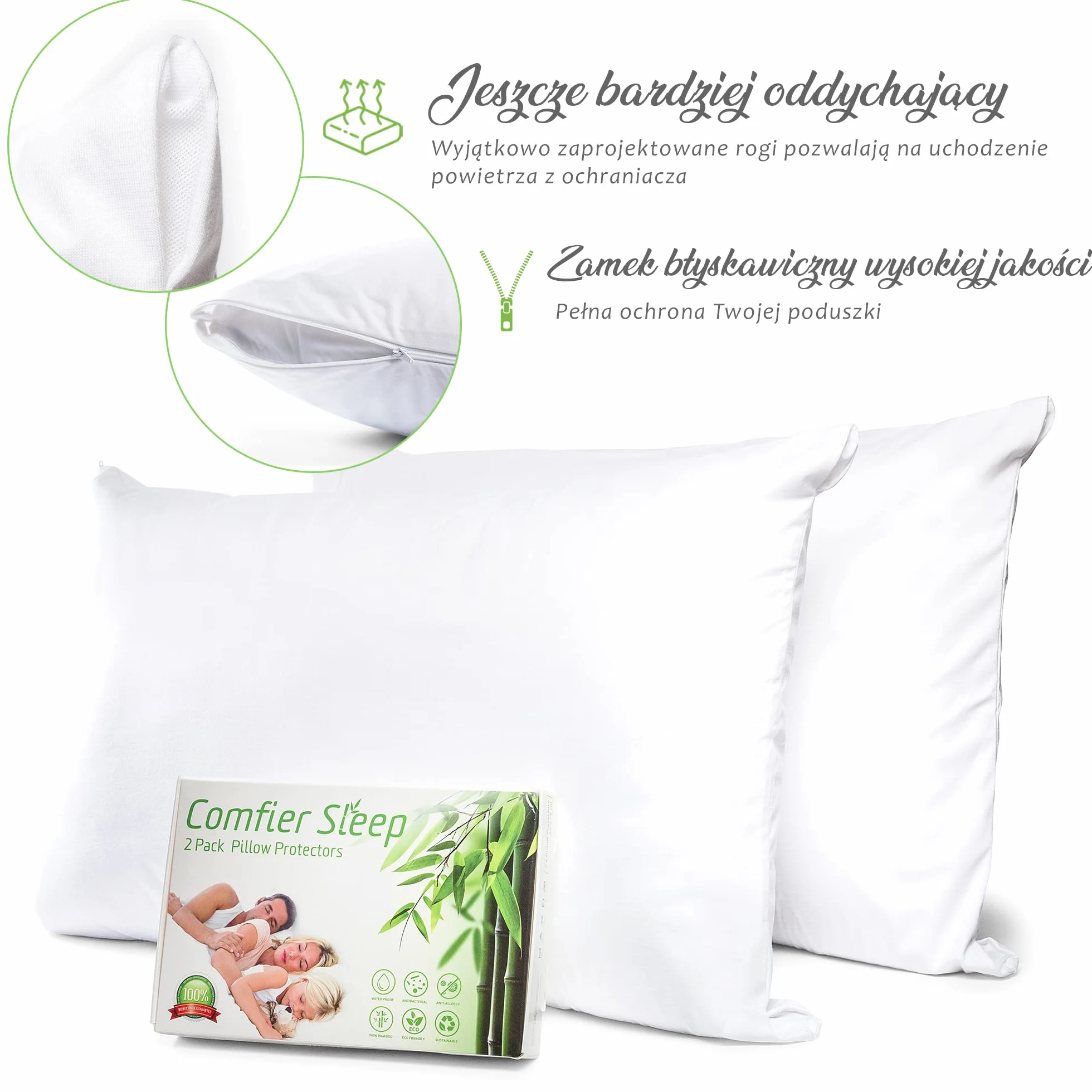 Poszewki na poduszki, 40 x 80 cm, trójwarstwowe, z zamkiem błyskawicznym, antyalergiczne, 100% bambus, 2 sztuki, wodoszczelne, 40 x 80 cm, rozmiar standardowy