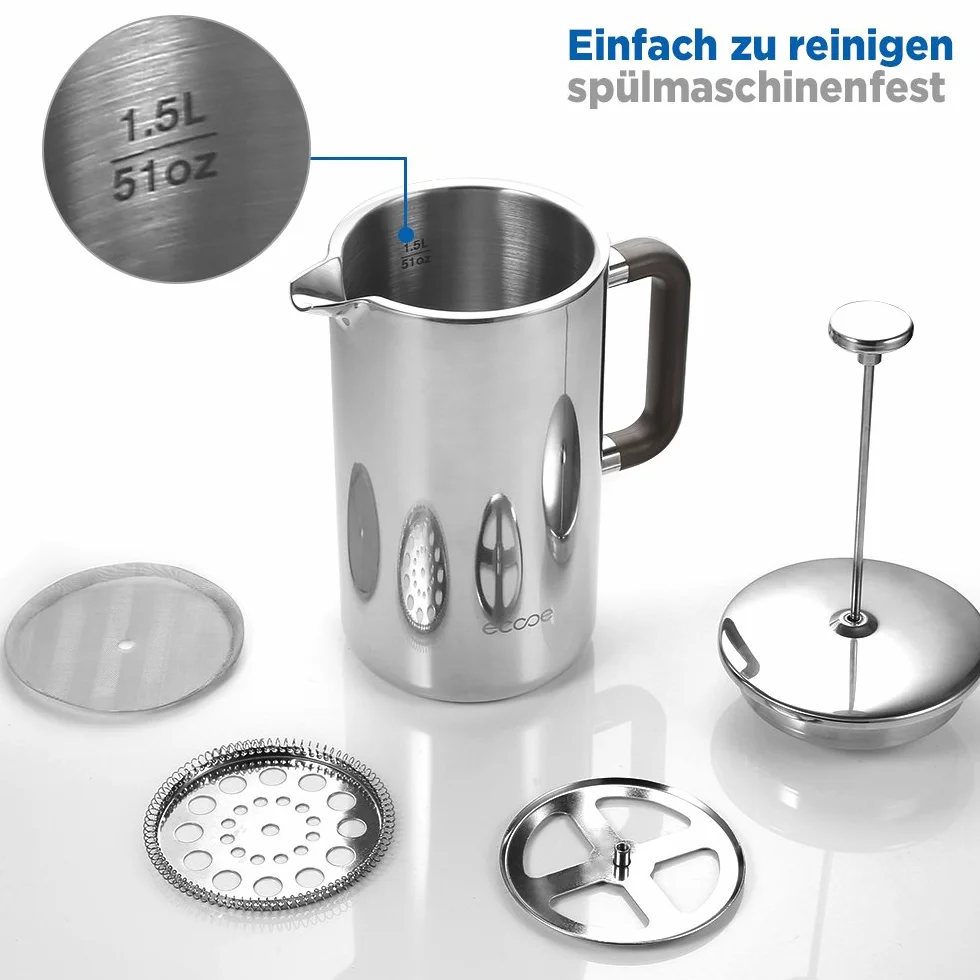 Ecooe French Press zaparzacz do kawy 1,5 L stal nierdzewna 18/10 3 filtry