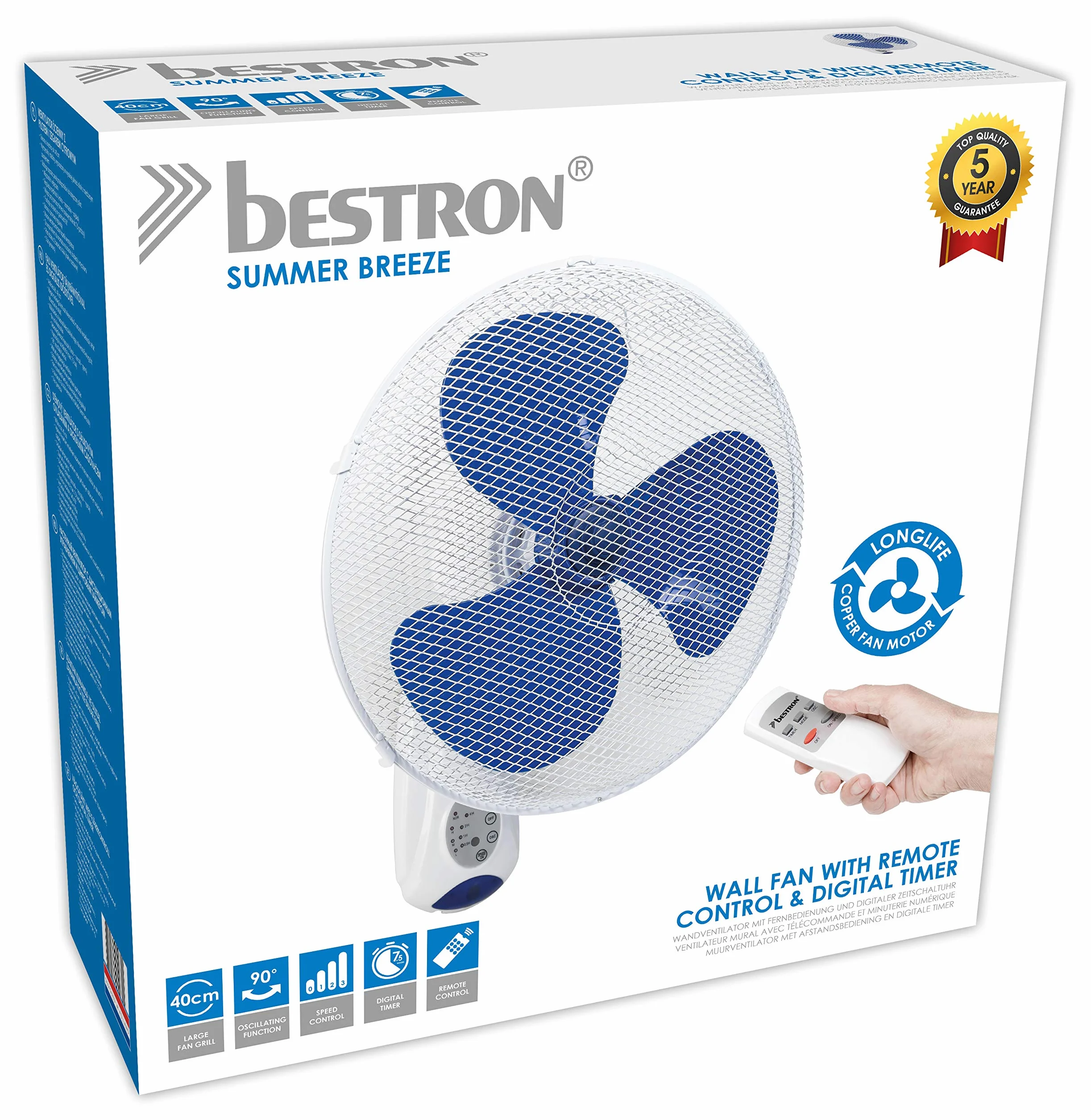 Bestron Wentylator ścienny z pilotem zdalnego sterowania, ciągłe użytkowanie 7,5 h, wysokość: 50 cm, Ø 40 cm, 45 W, biały