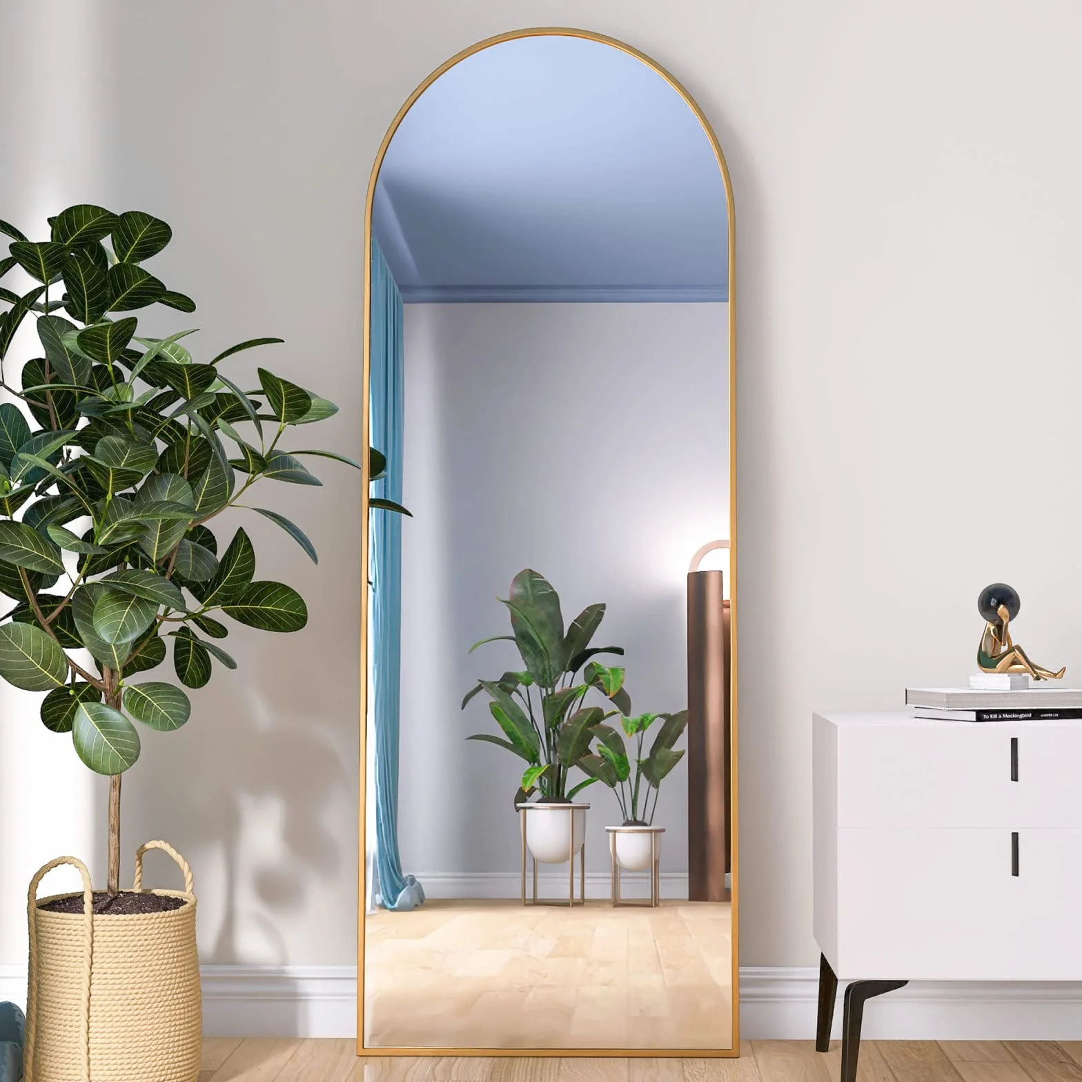Lustro stojące 160x60 cm rama ze stopu aluminium szkło hartowane złote półokrągłe