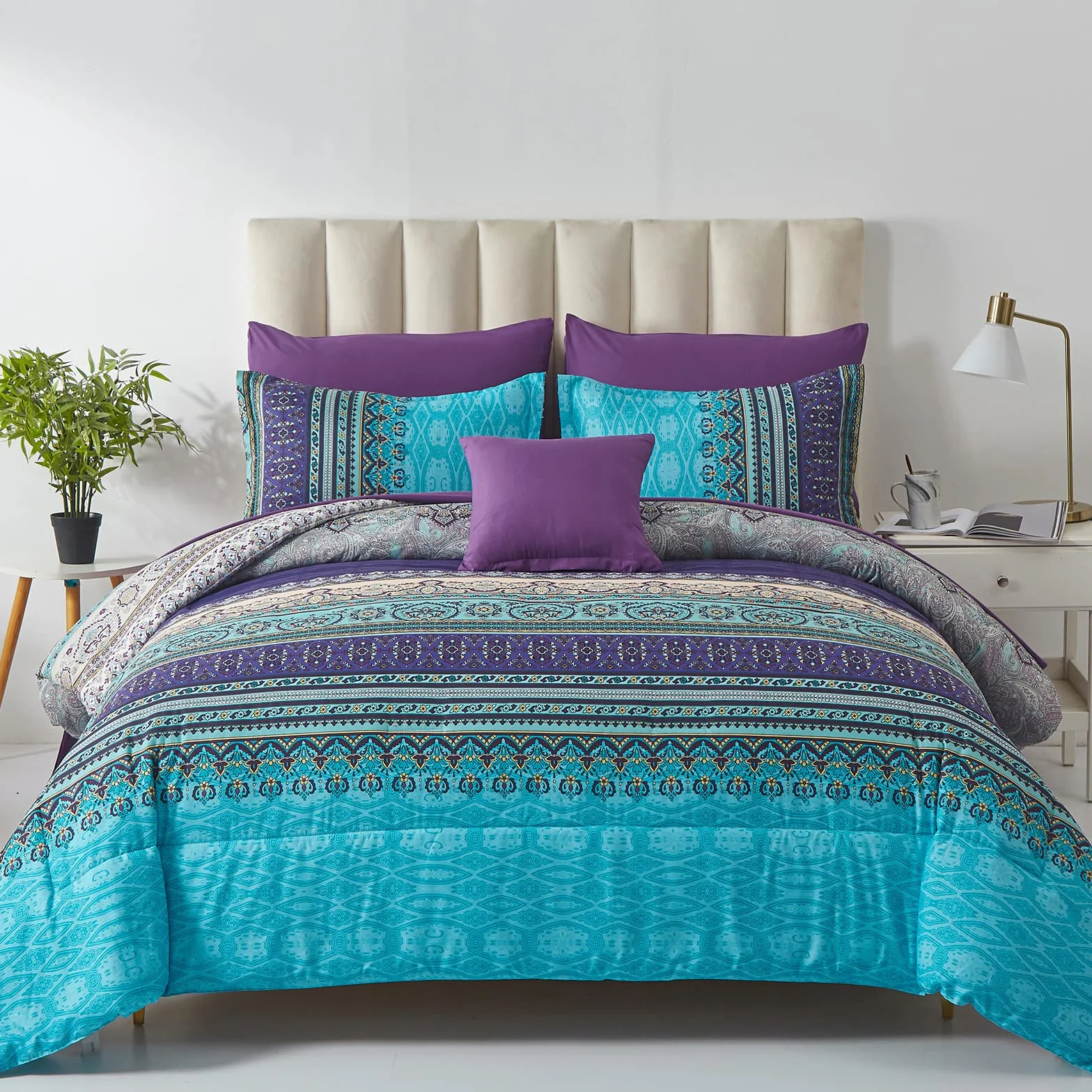 Zestaw pościeli Boho 8-częściowy king-size Aqua Paisley mikrofibra