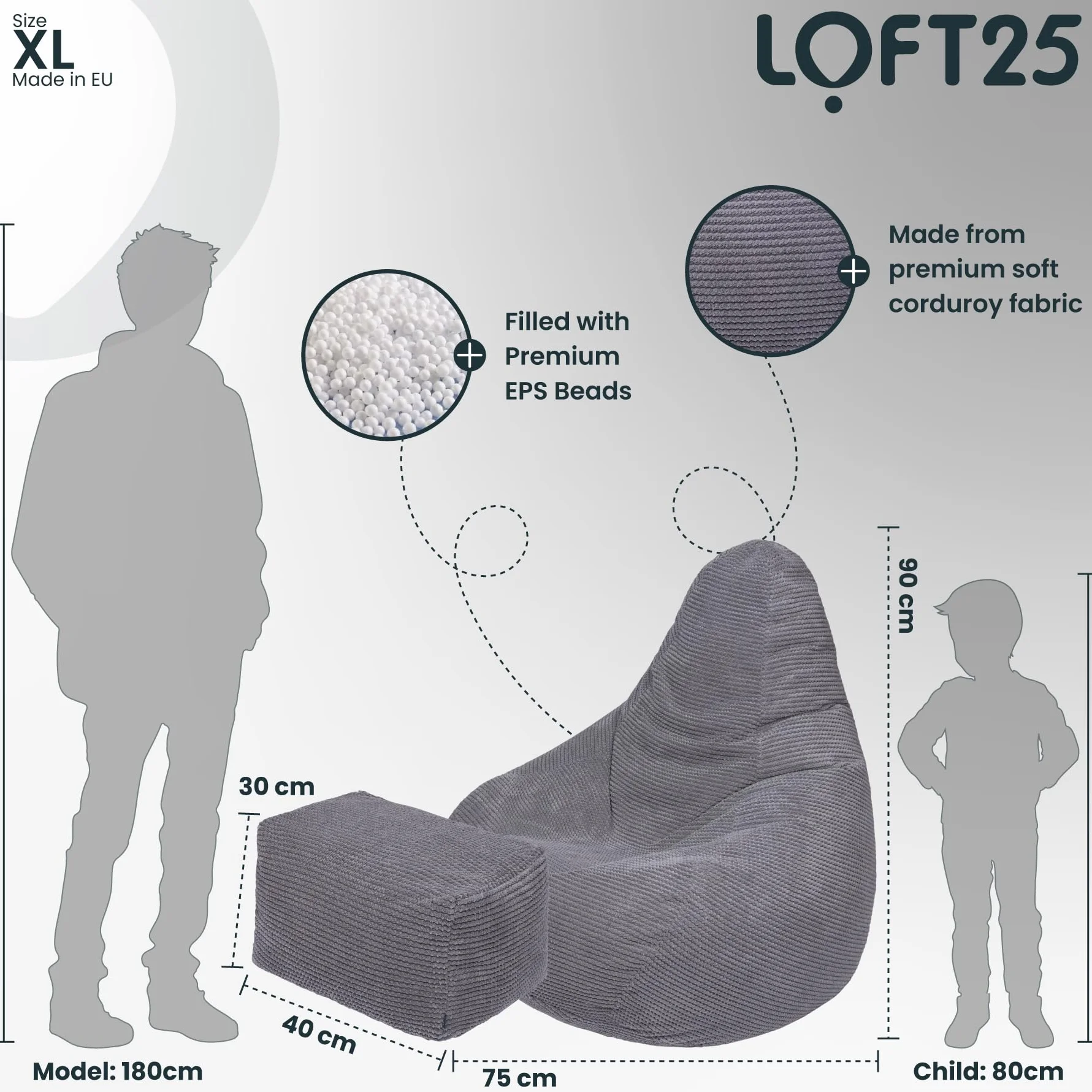 Loft 25 Krzesło do siedzenia z wysokim oparciem dla dorosłych, tkanina sztruksowa, do wewnątrz, do salonu, gamingowa, wewnętrzna wkładka, ergonomiczna konstrukcja dla wsparcia ciała (worek do