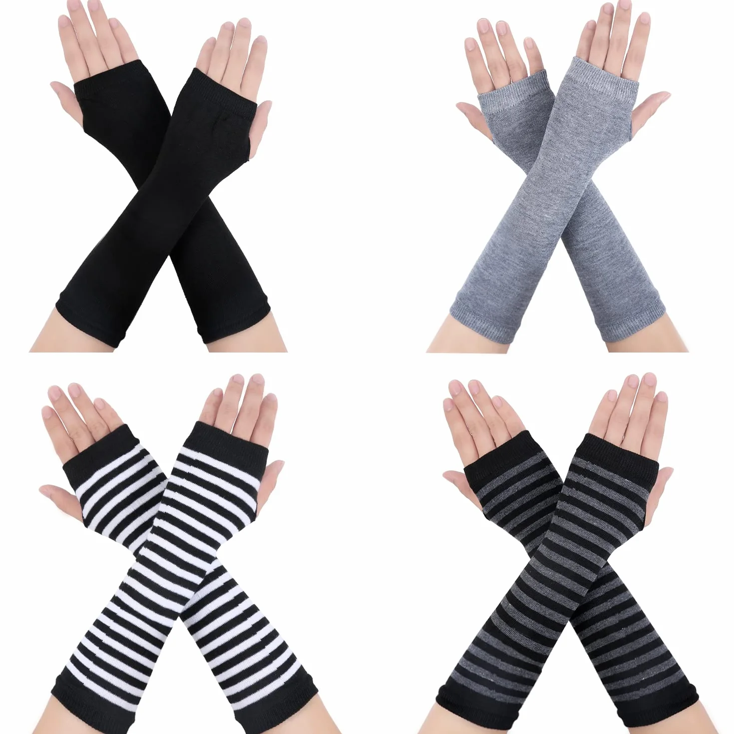 4 pary Dlugie Rekawiczki Bez Palców Kobiet, Dzianinowe Rekawiczki do Lokcia Bez Palców Ocieplacz na Ramie Arm Warmers z Otworami na Palce dla Kobiet Mezczyzn Dzieci