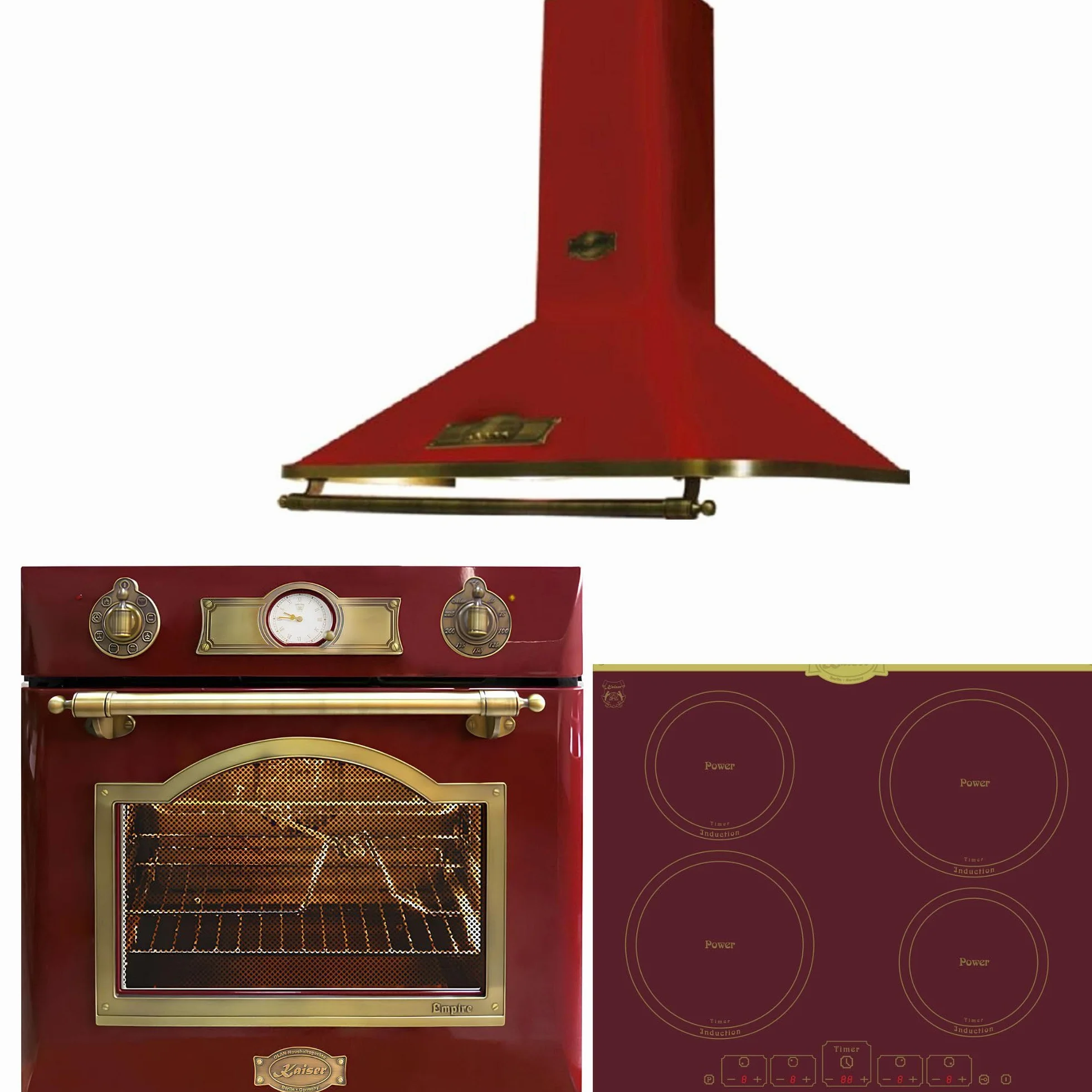 Kaiser Zestaw piekarnika 60 cm Empire RotEm EH 6355+KCT 6195+A 6315 • Autark zestaw do kuchenek indukcyjnych • Retro Vintage zestaw kuchenny bordowy • piekarnik do zabudowy 67 l • FREE ZONE z