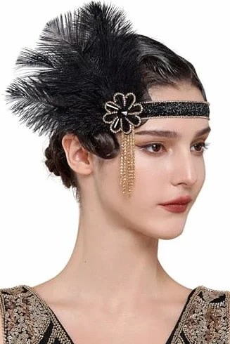 BABEYOND Flapper opaska na czoło Gatsby z lat 20. XX wieku - ozdoba głowy z piórami na wesele i festiwal, damskie akcesoria vintage, czarno-złote