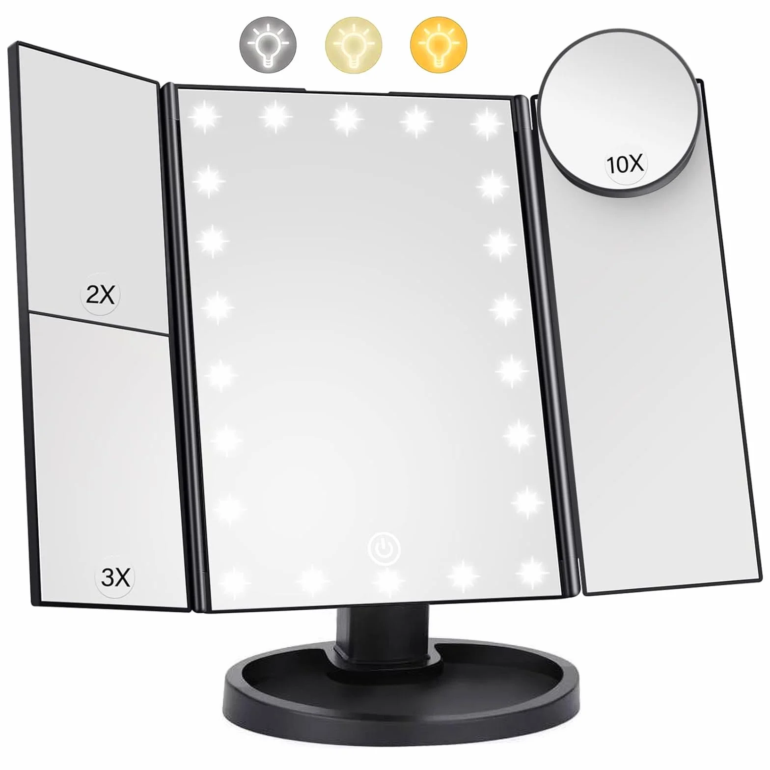 HIYAA Lusterko do makijażu LED 22 diody, składane z powiększeniem 1X/2X/3X/10X, dotykowe, USB, czarne