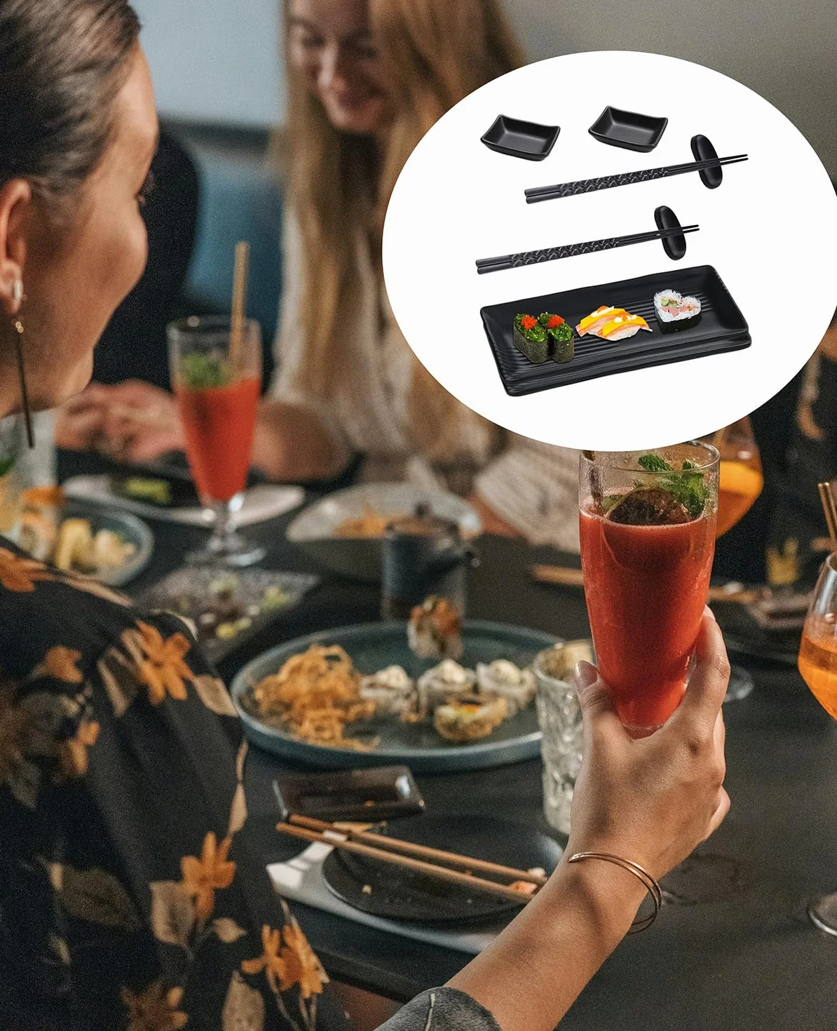 Zestaw do sushi z miseczkami do dipów, naczynia do sushi z pałeczkami, czarne talerze, miska z melaminy, zestaw talerzy z 2 parami pałeczek do jedzenia + 2 stojaki na pałeczki + 2 talerze + 2