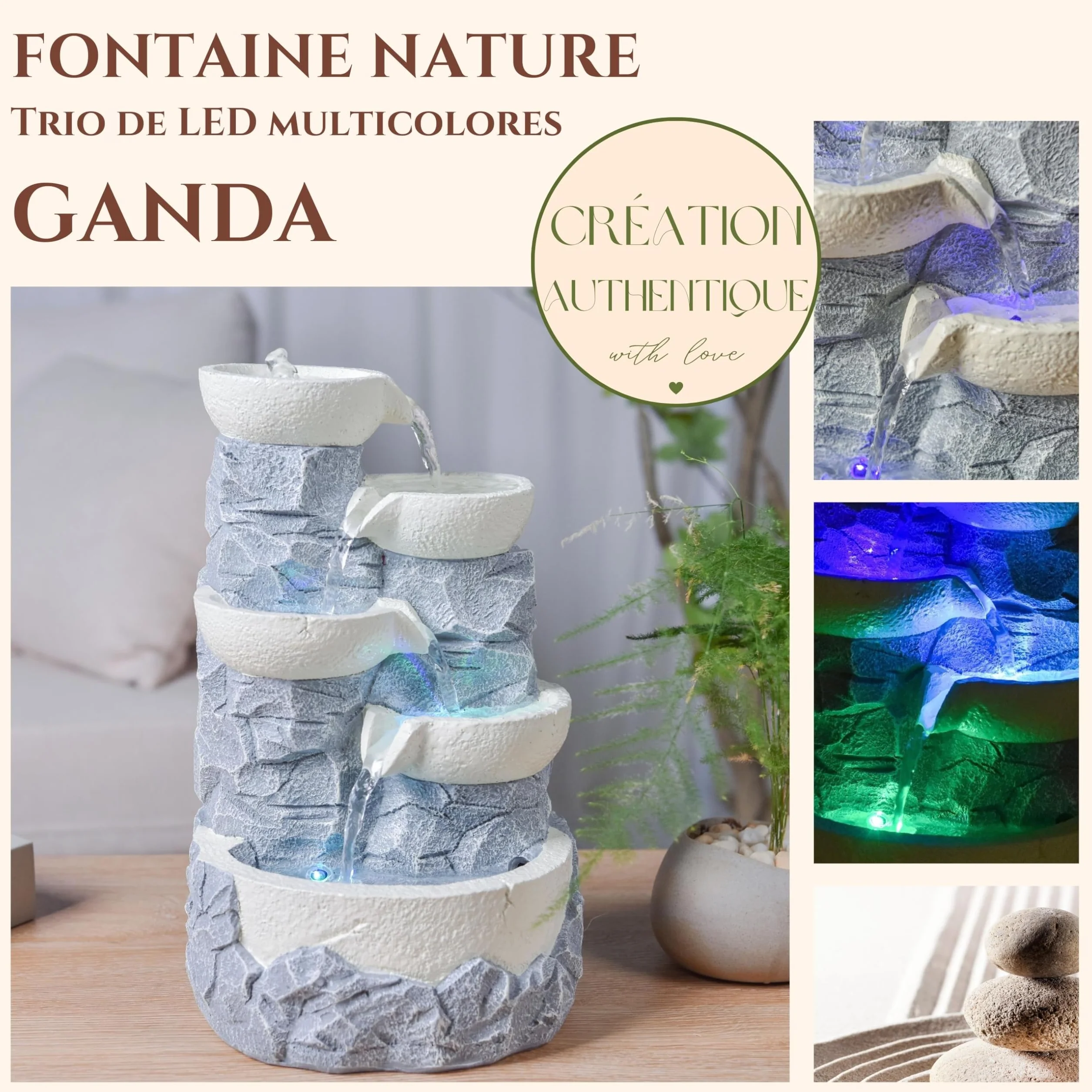 Zen'Light SCFR22-F6 wewnętrzna wodospad 4 poziomy słoik efekt kamienia naturalnego kolorowe diody LED, dekoracja wnętrz Zen i odpoczynek, fontanna stołowa, H 31cm - Ganda Zen'Light, Szary
