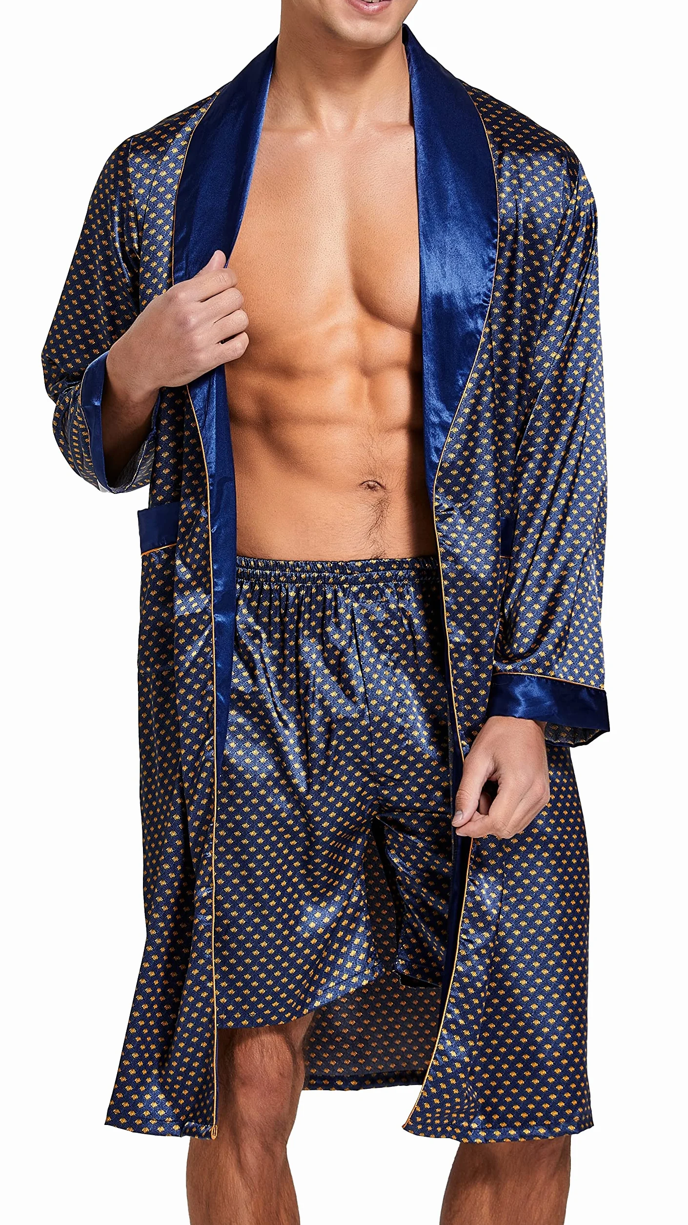 Męski satynowy szlafrok lekki jedwabny szlafrok z długim rękawem z szortami zestaw spa kimono bielizna nocna