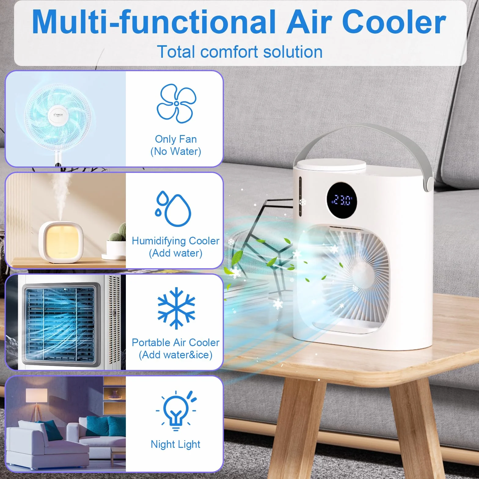 Mobilny klimatyzator 4 w 1 z chłodną mgiełką 900 ml przenośny mini wentylator USB 3 prędkości 7 kolorów światła