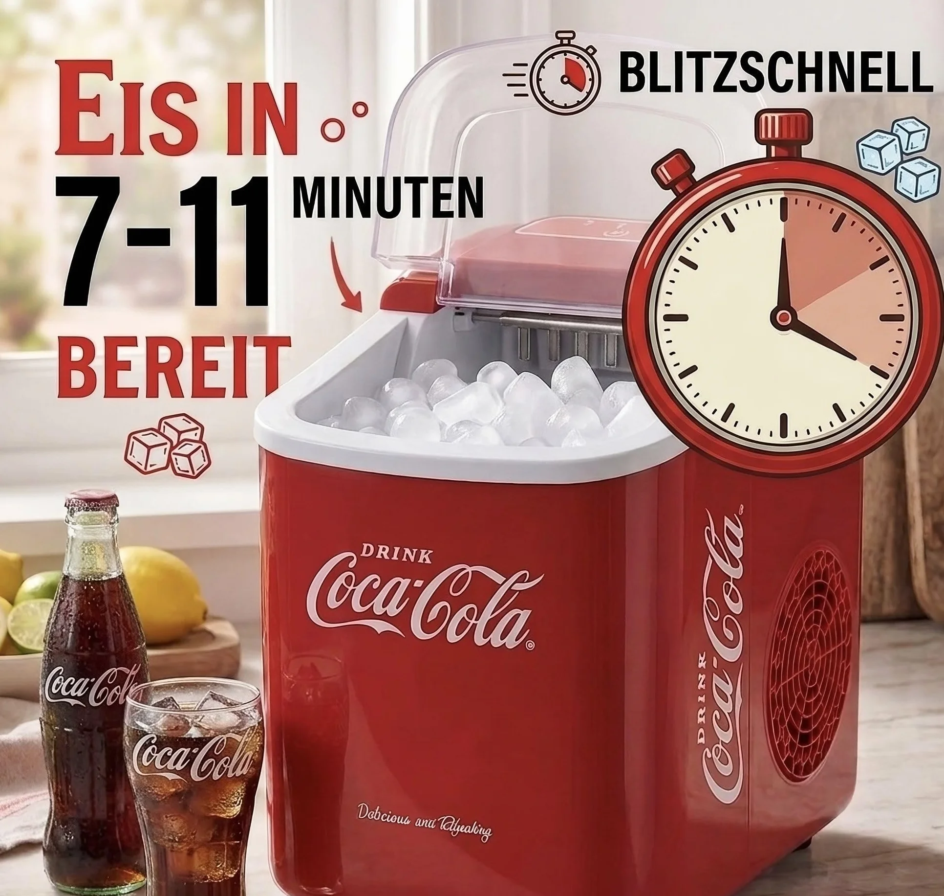 Salco Coca Cola Kostkarka do lodu 10 kg/24h 2 rozmiary kostek automatyczna funkcja ostrzegawcza retro czerwień