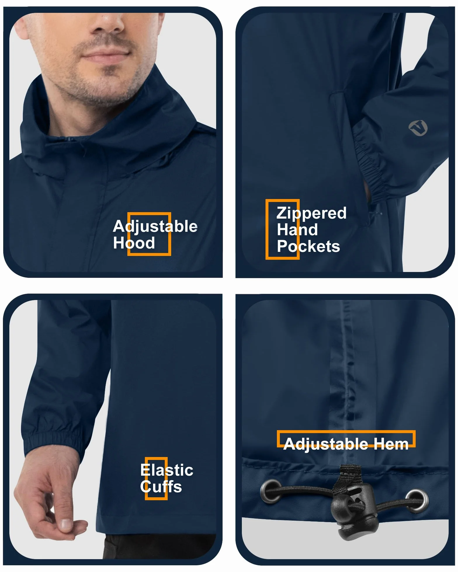Outdoor Ventures Męska kurtka przeciwdeszczowa, wodoszczelny sweter z kapturem, pakowana, odblaskowa, lekka kurtka rowerowa, wiatroszczelna, oddychająca kurtka softshellowa, na wędrówki, do biegania,