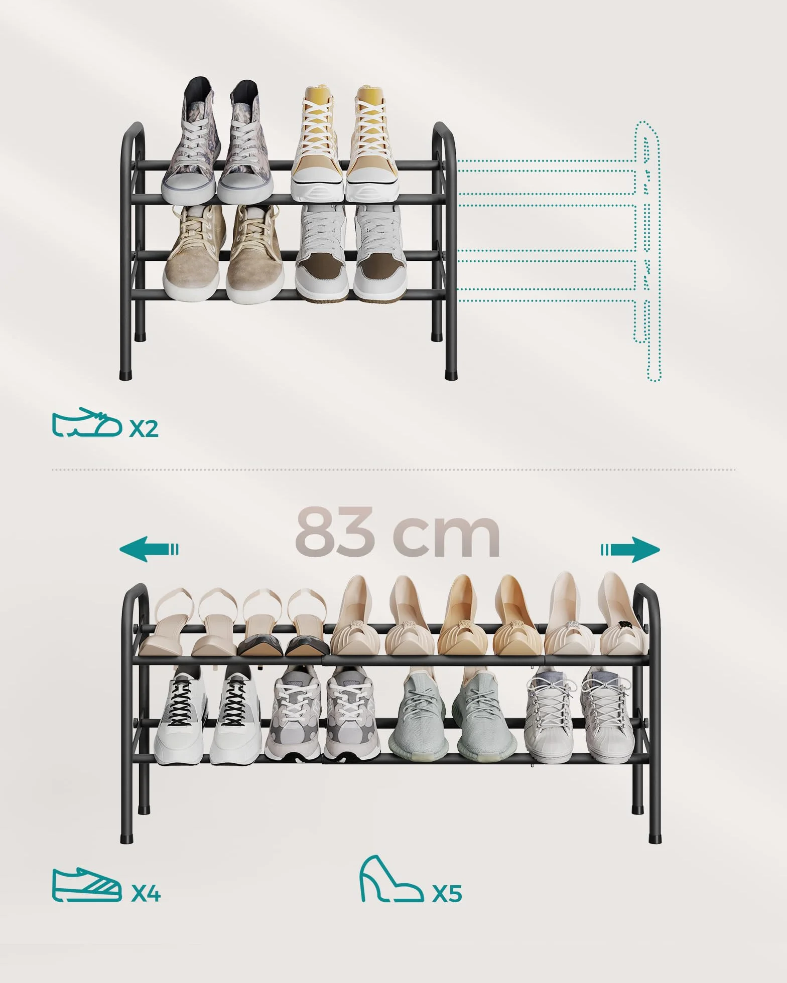 SONGMICS LMR029B01 Rozkładany stojak na buty 2-poziomowy metalowy czarny